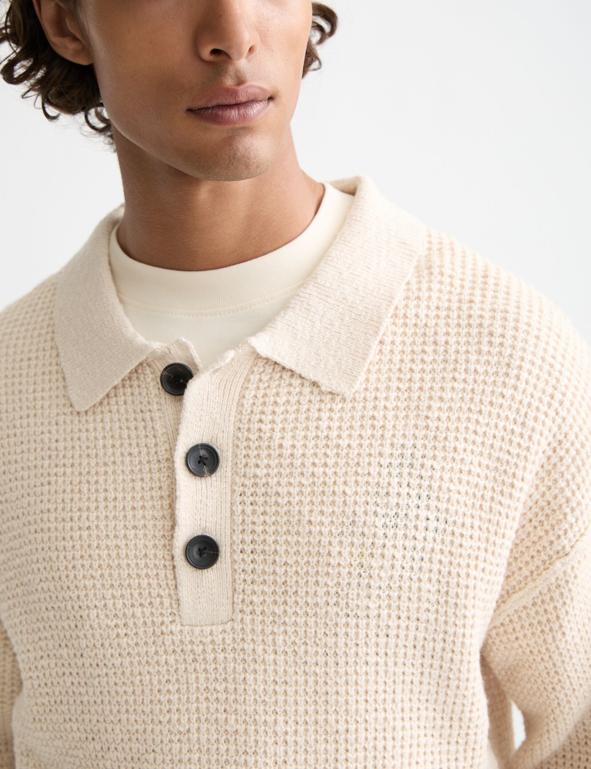 Waffle stitch dropped shoulder longsleeve polo