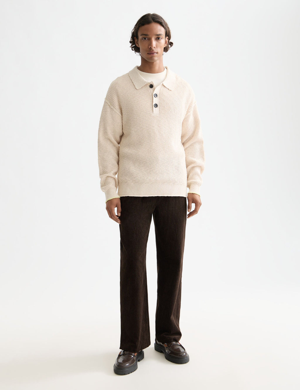 Waffle stitch dropped shoulder longsleeve polo