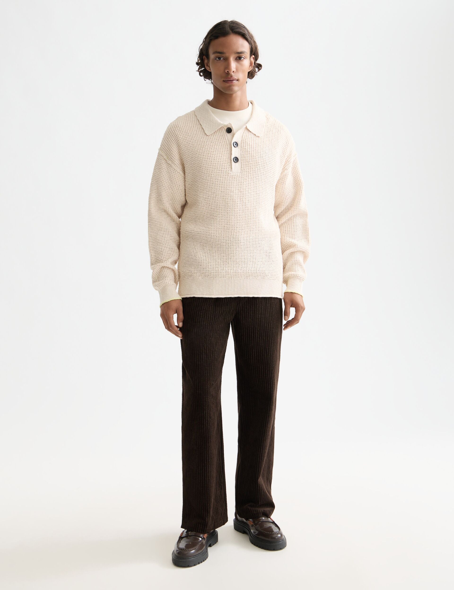 Waffle stitch dropped shoulder longsleeve polo