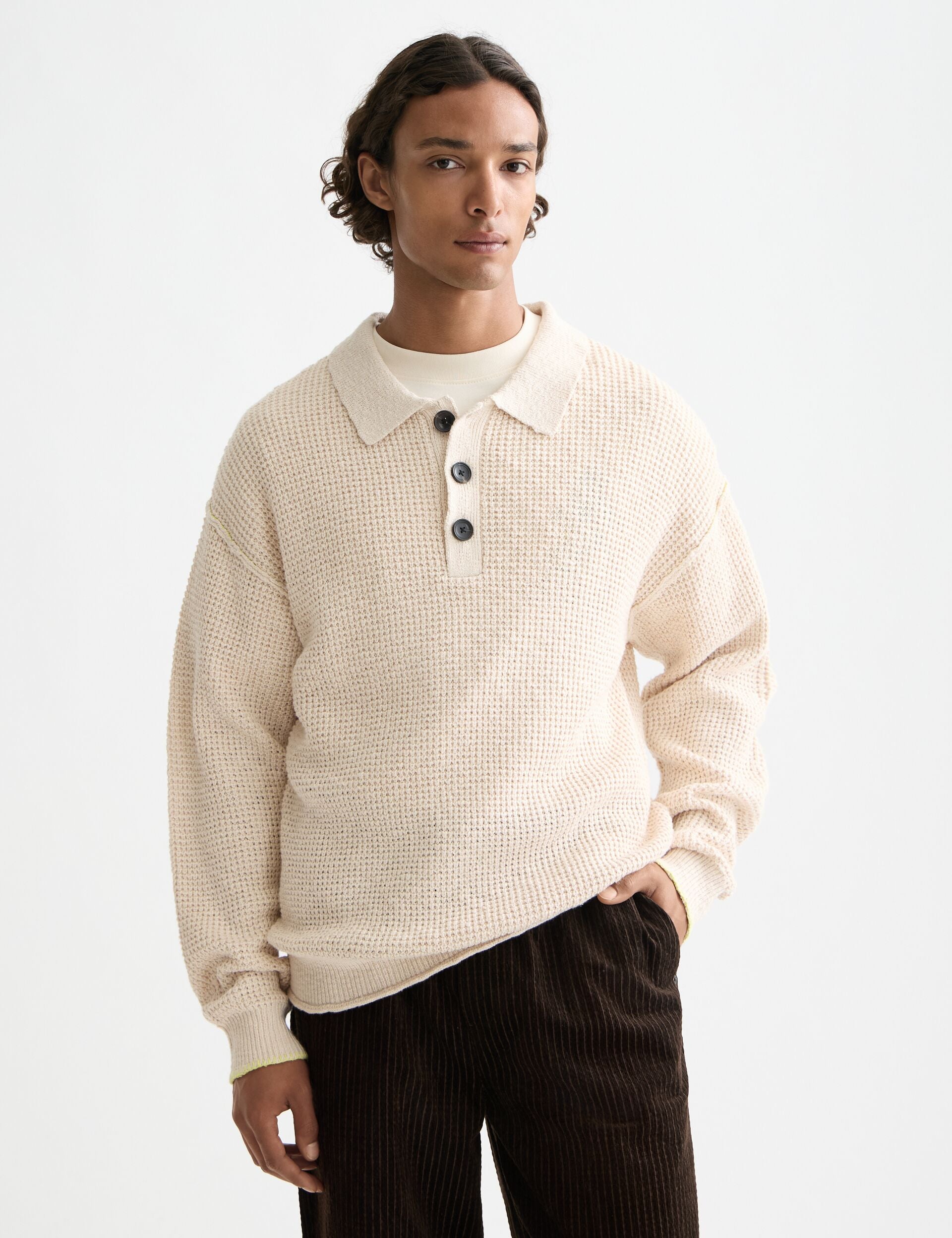 Waffle stitch dropped shoulder longsleeve polo