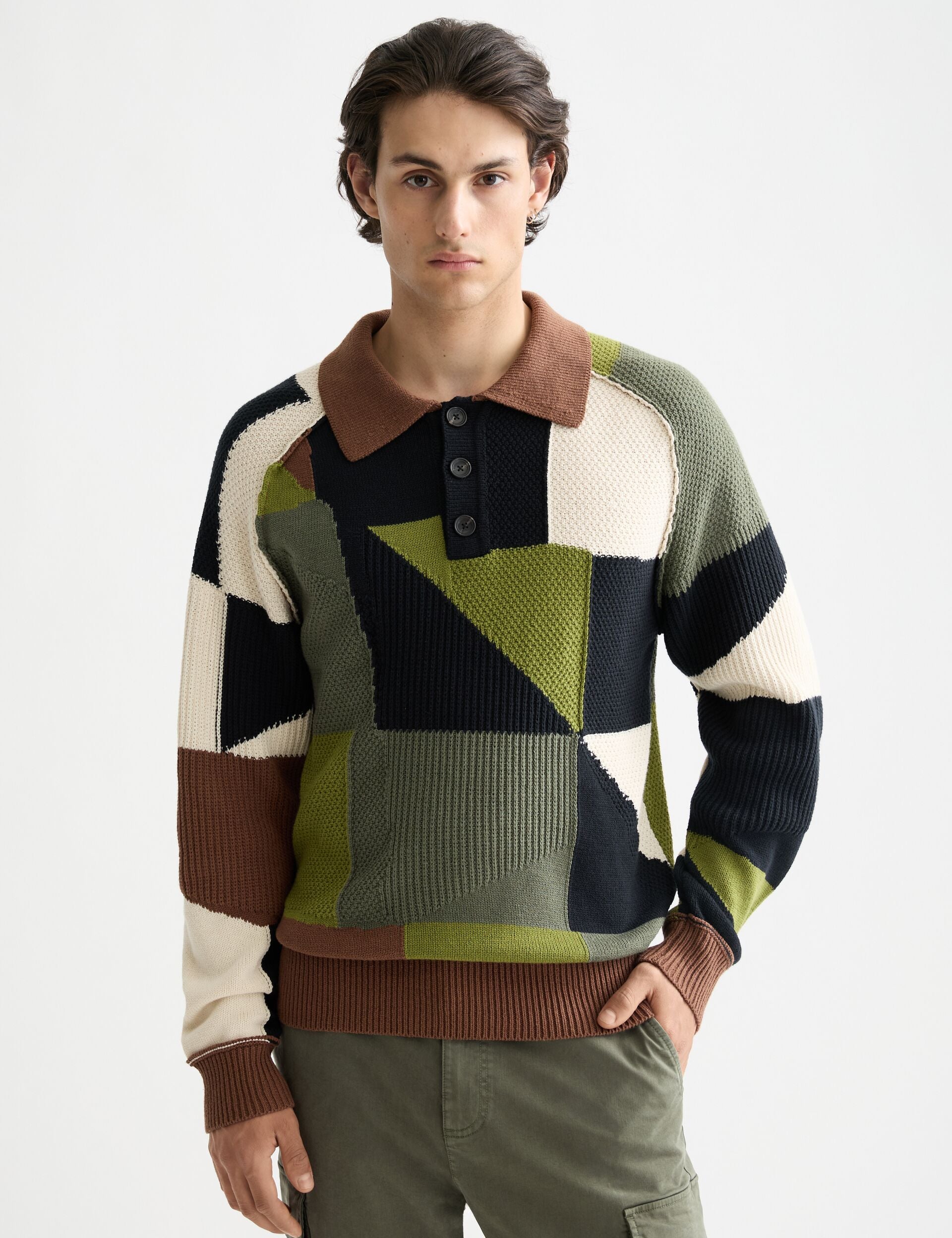 Patch work long sleeve polo