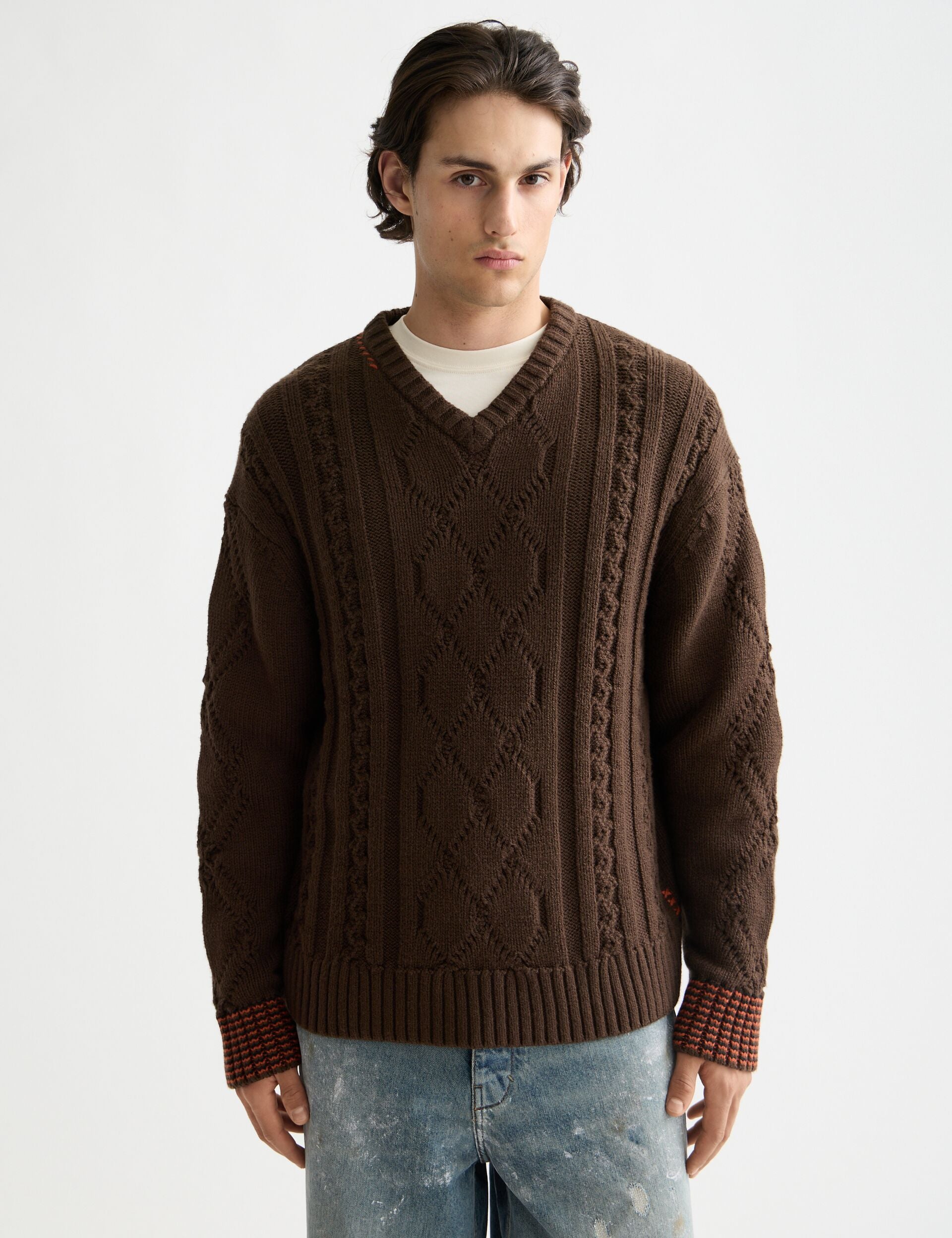 V-Neck chunky cable loose fit pullover