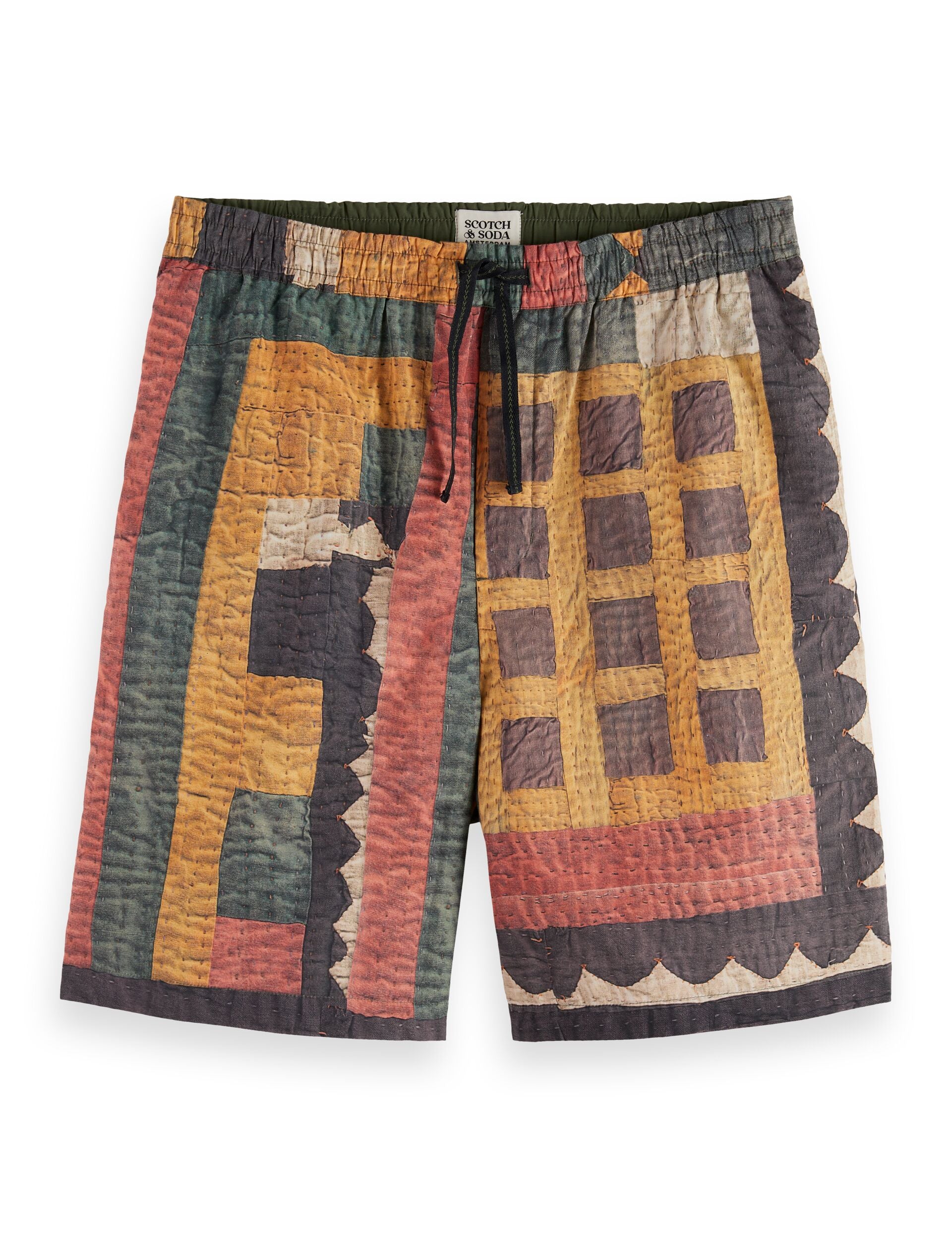 Printed patchwork cotton-poplin loose fit bermuda