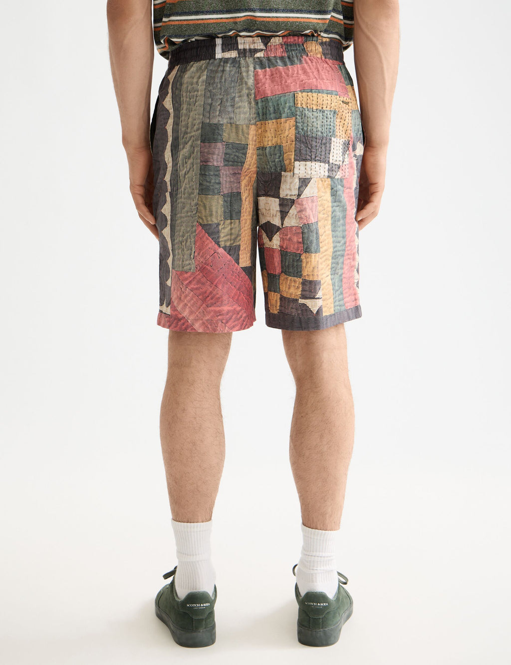 Printed patchwork cotton-poplin loose fit bermuda