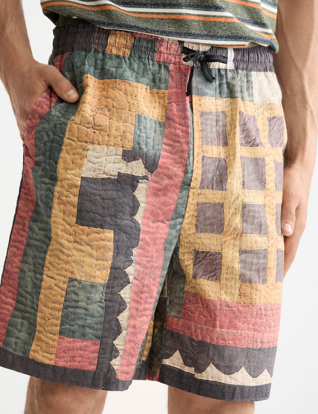 Printed patchwork cotton-poplin loose fit bermuda