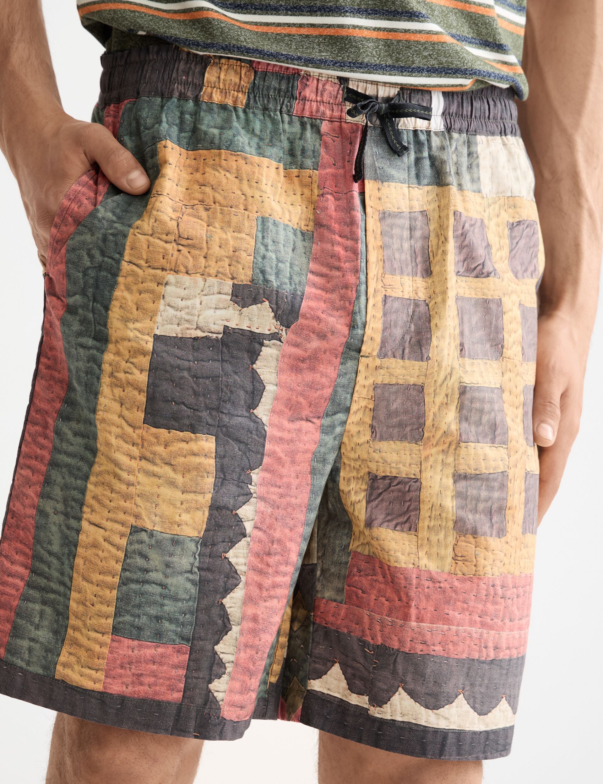 Printed patchwork cotton-poplin loose fit bermuda