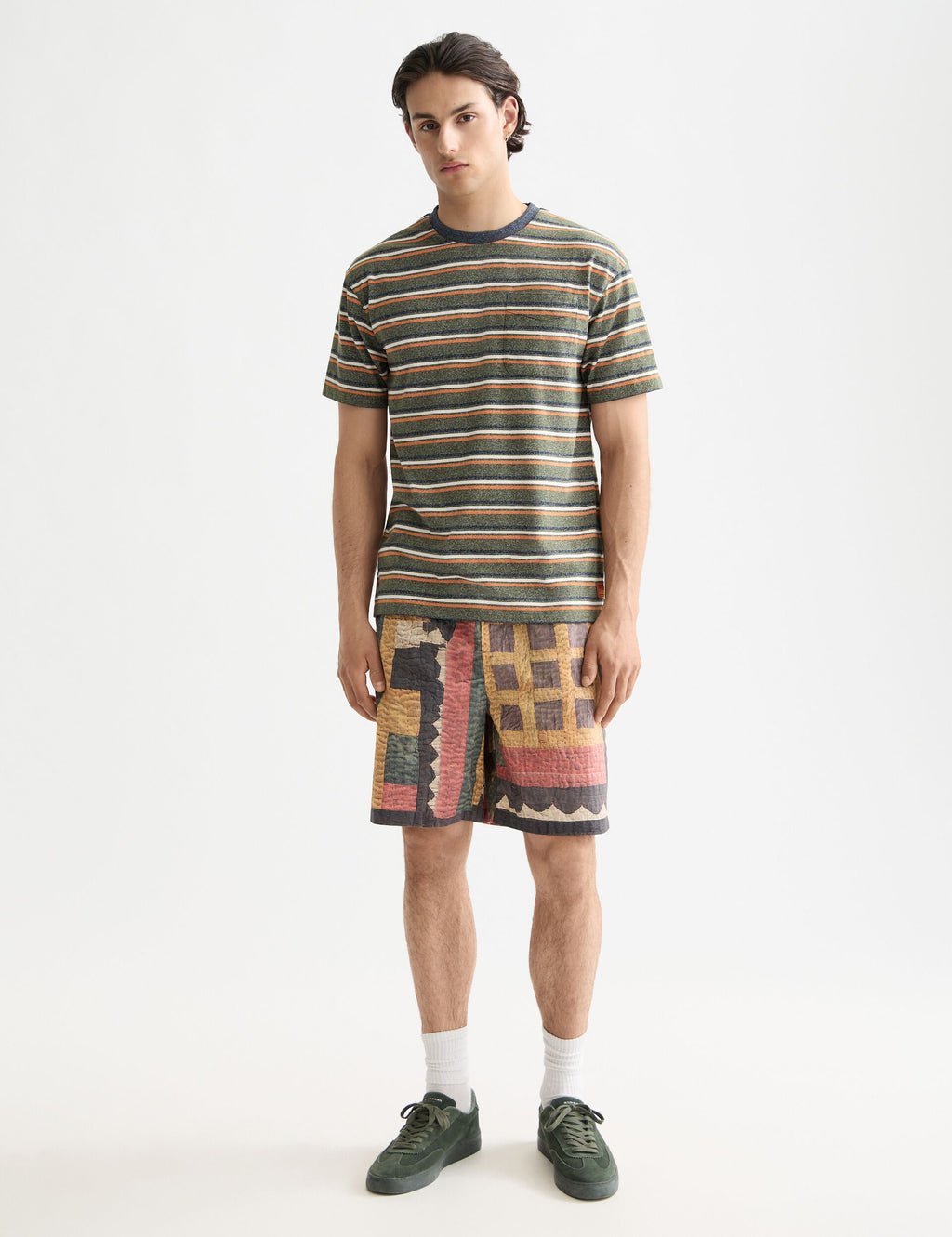 Printed patchwork cotton-poplin loose fit bermuda