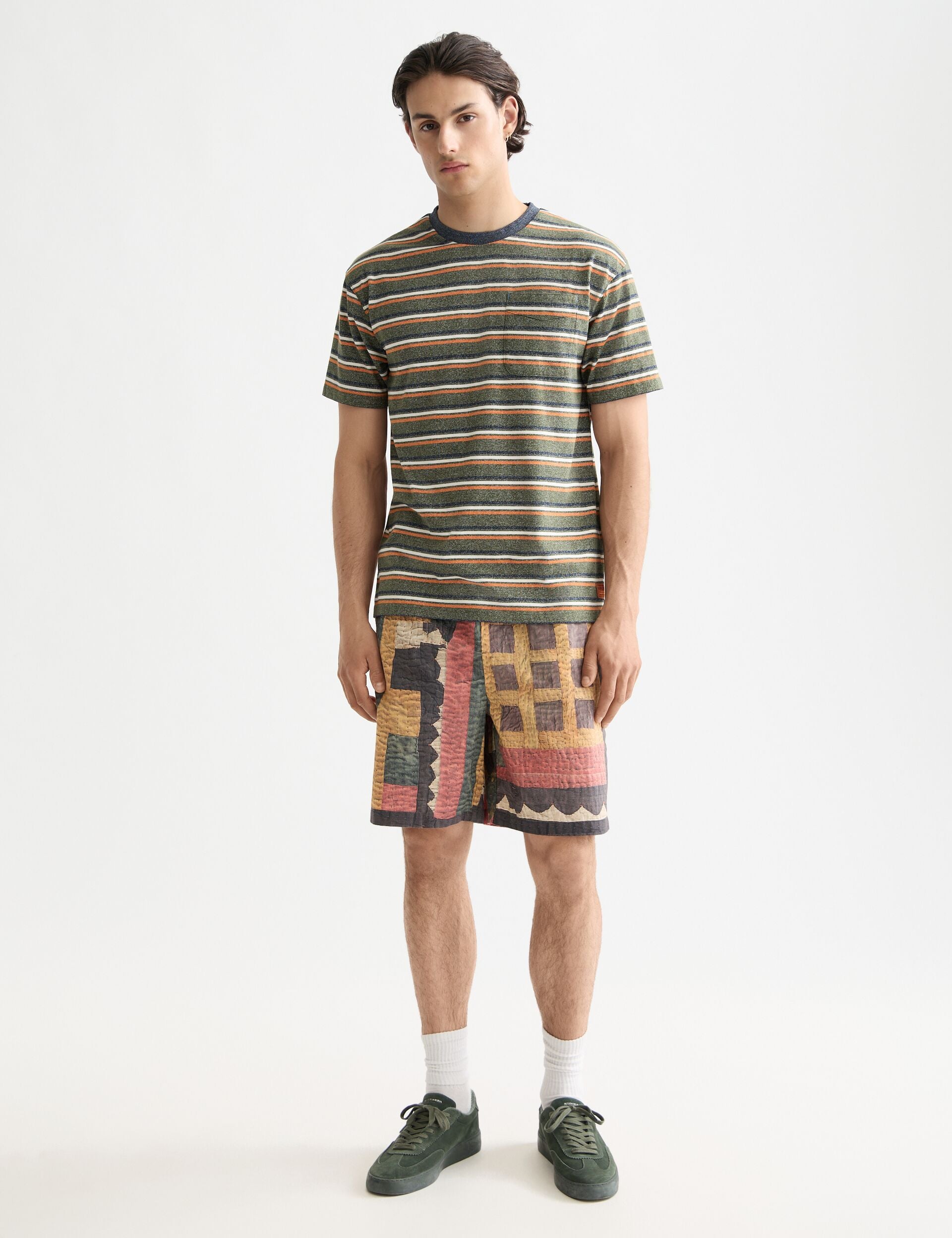 Printed patchwork cotton-poplin loose fit bermuda