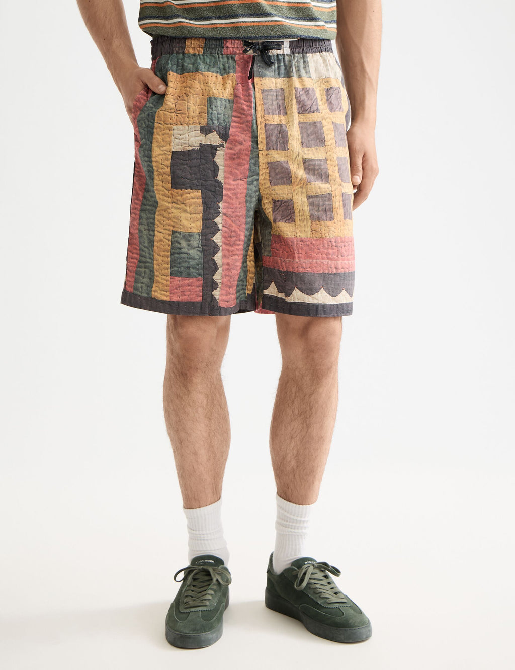 Printed patchwork cotton-poplin loose fit bermuda