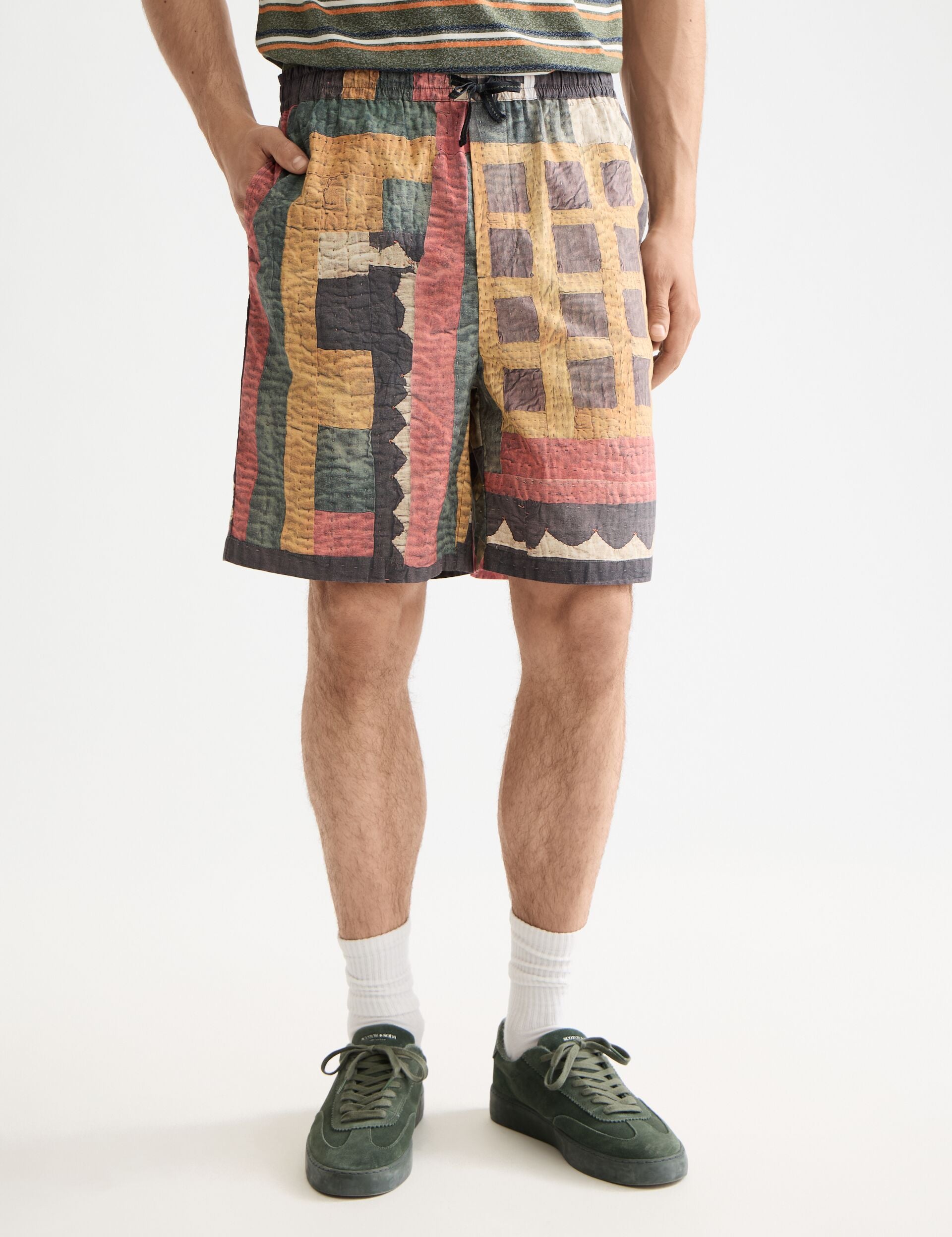 Printed patchwork cotton-poplin loose fit bermuda