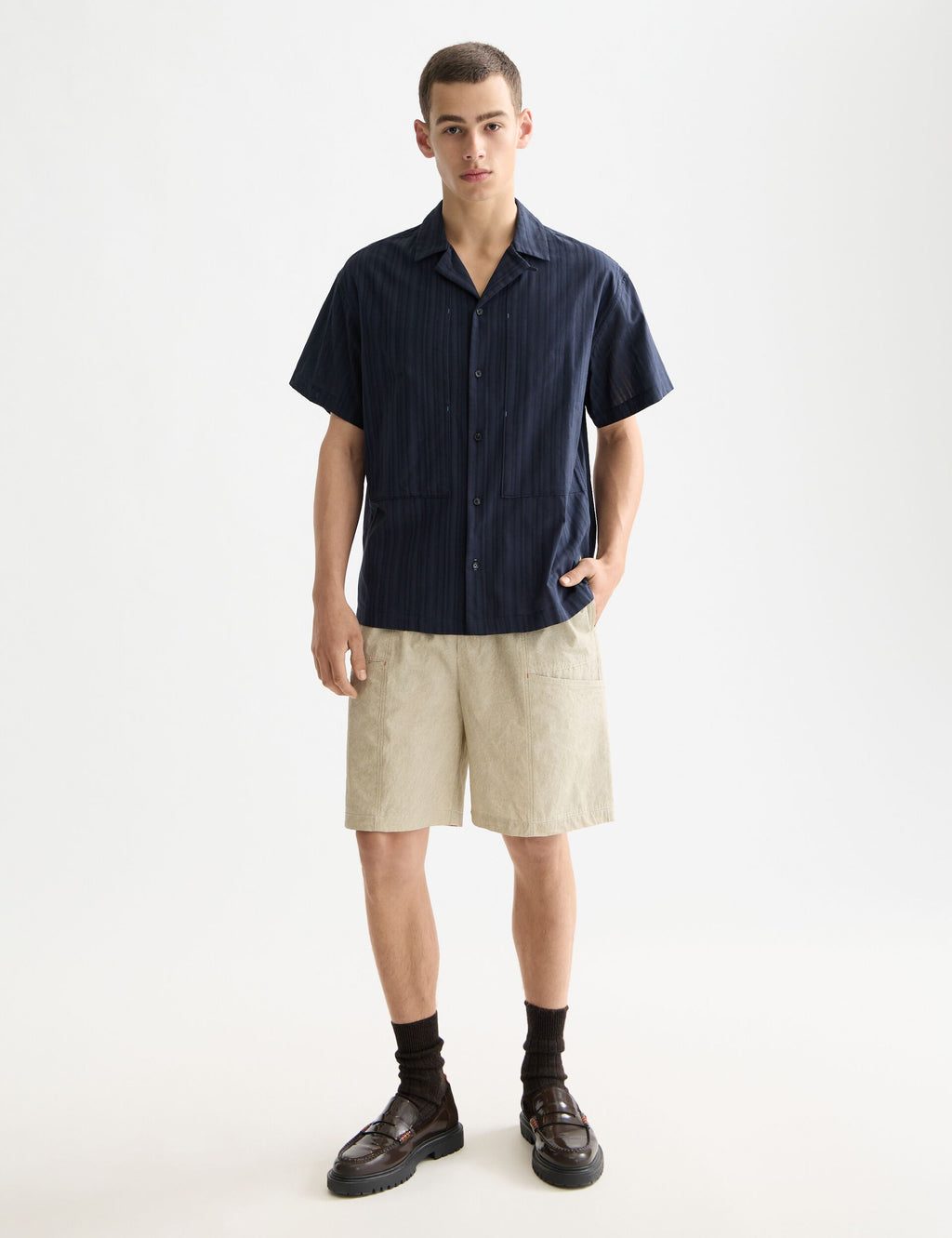 Structured-stripe short-sleeved shirt