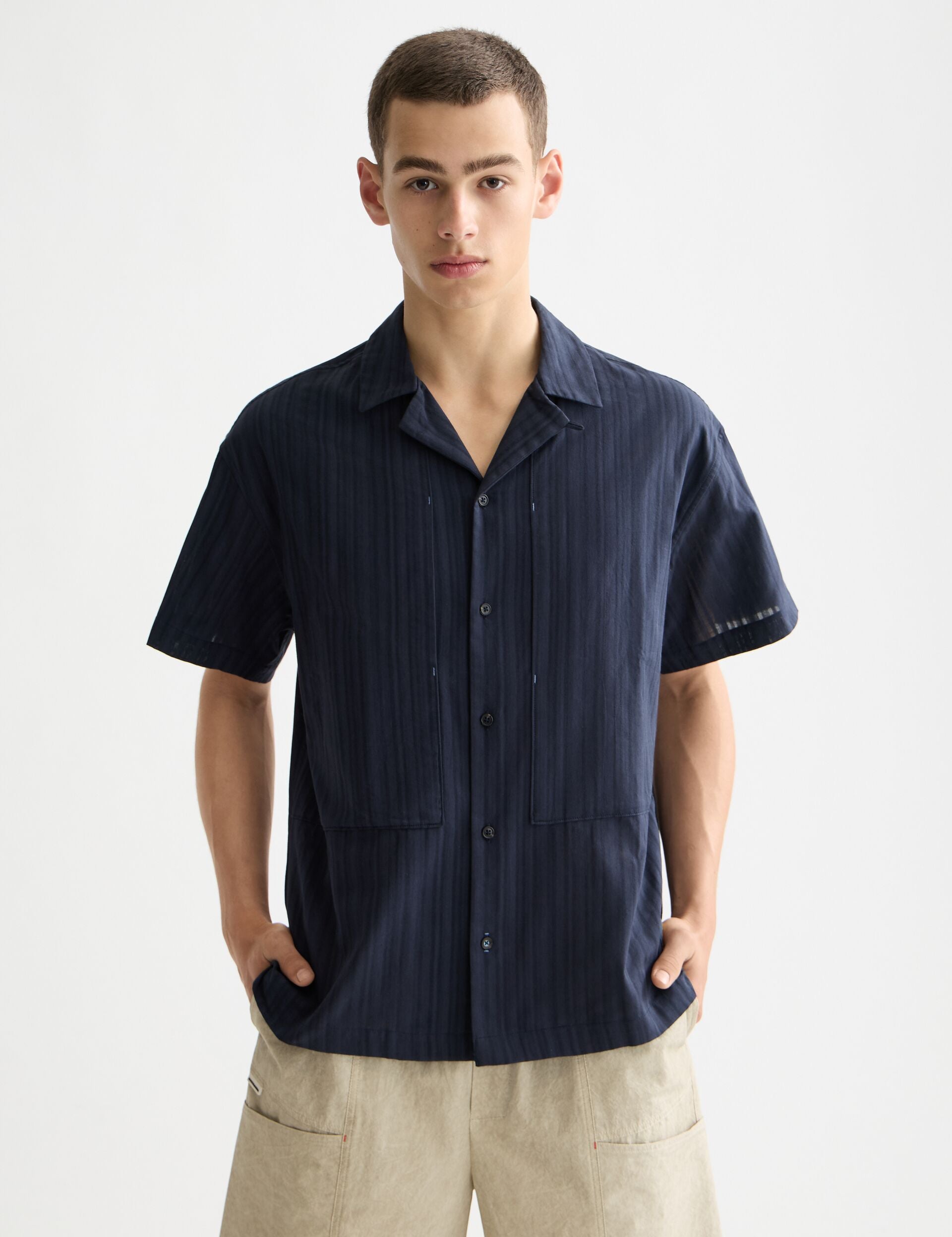 Structured-stripe short-sleeved shirt