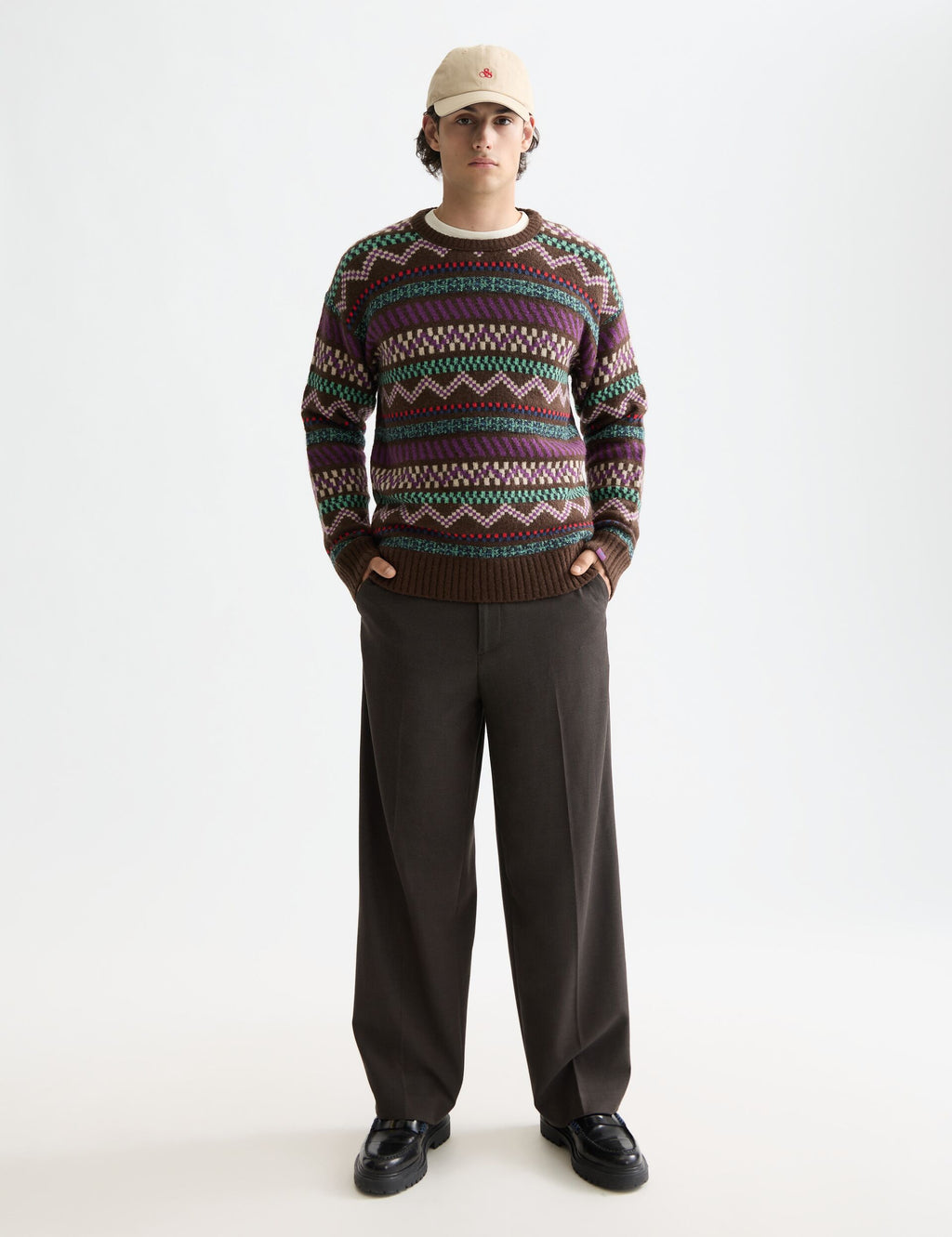 Jacquard dropped shoulder crewneck