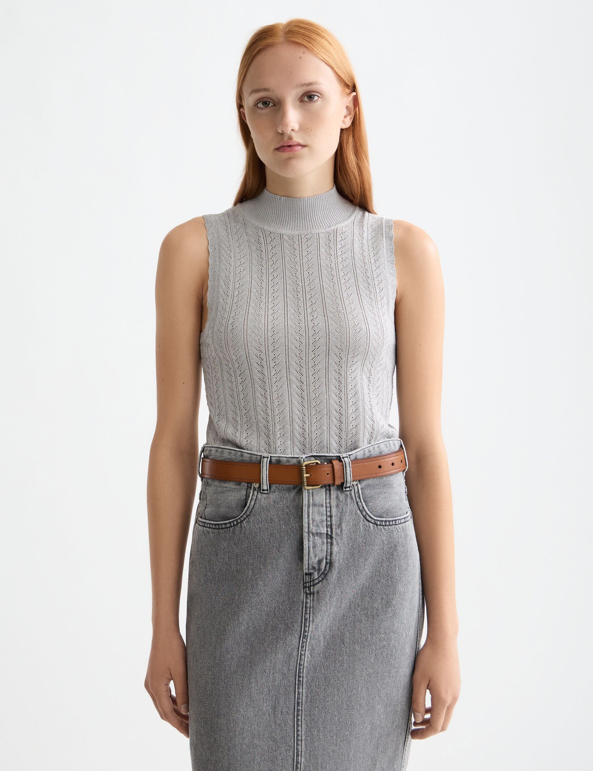 Metallic pointelle knitted tank