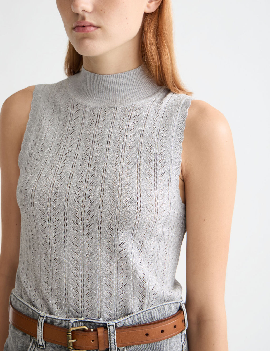Metallic pointelle knitted tank