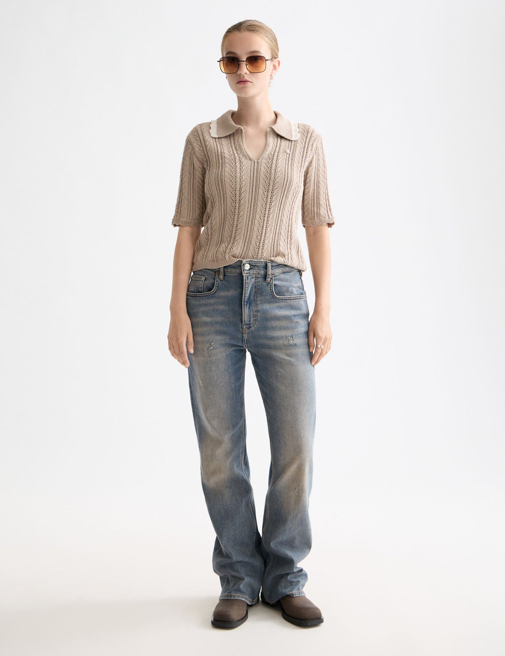 Pointelle collared knitted polo