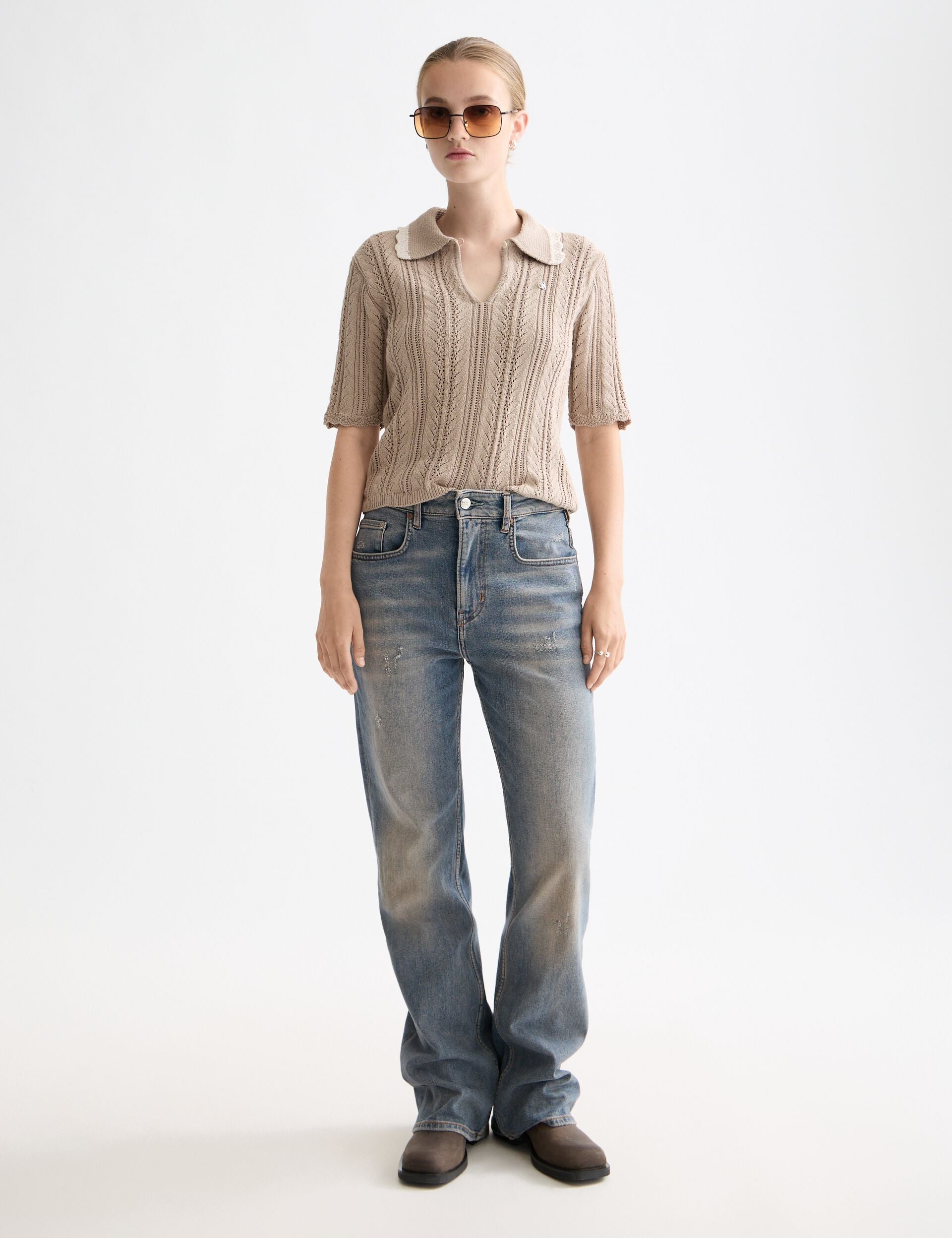 Pointelle collared knitted polo