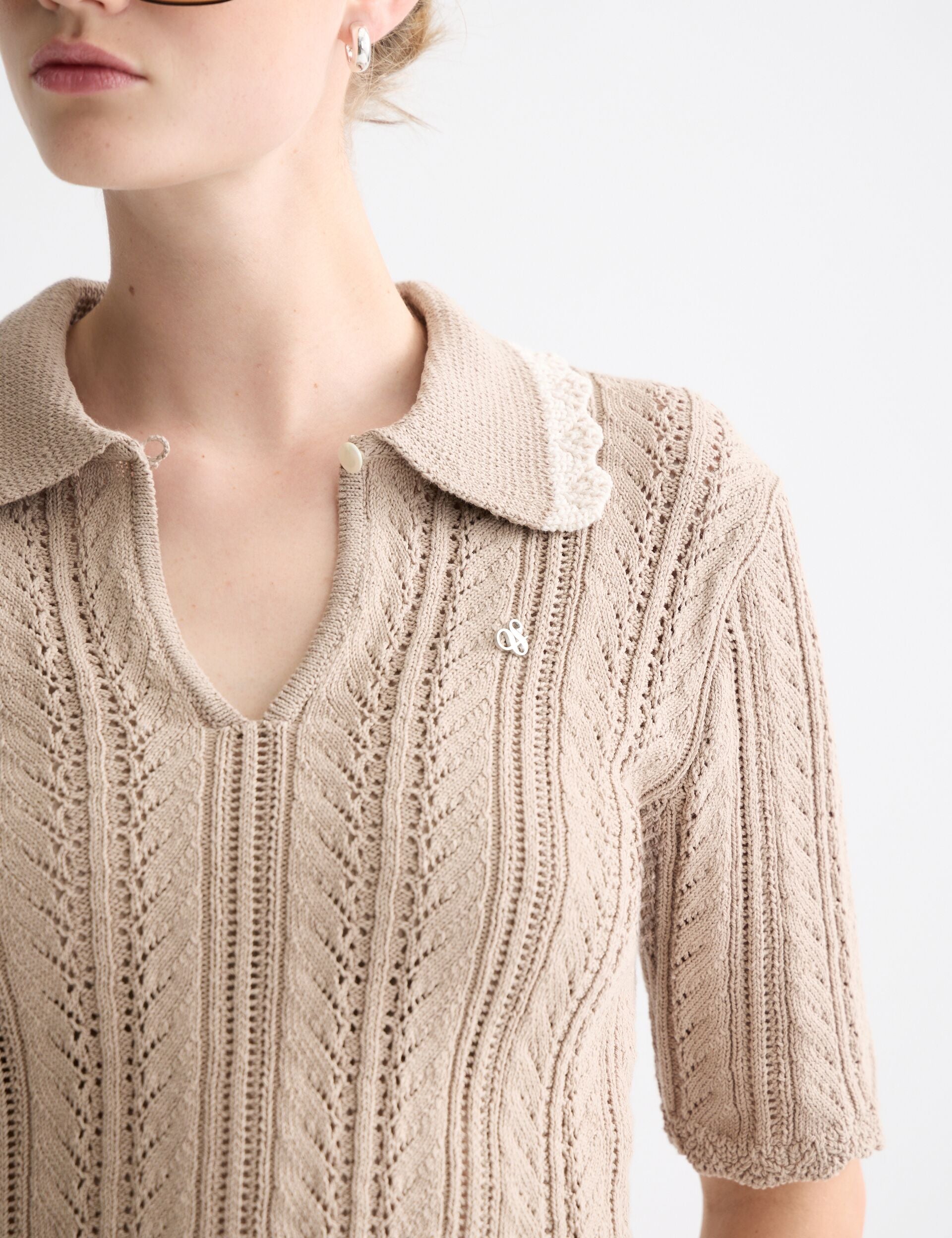 Pointelle collared knitted polo