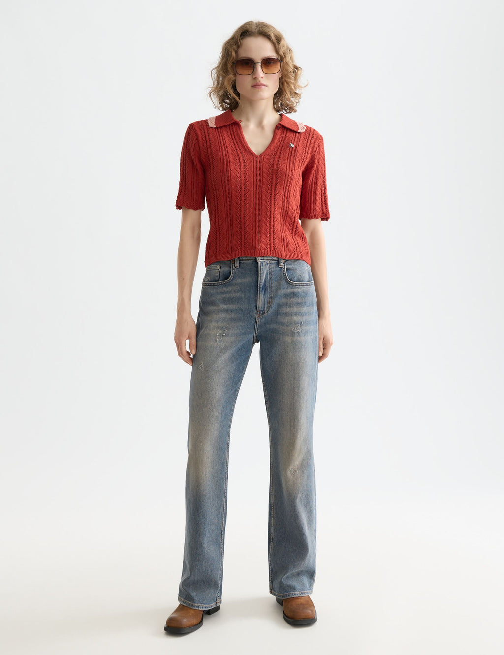 Pointelle collared knitted polo