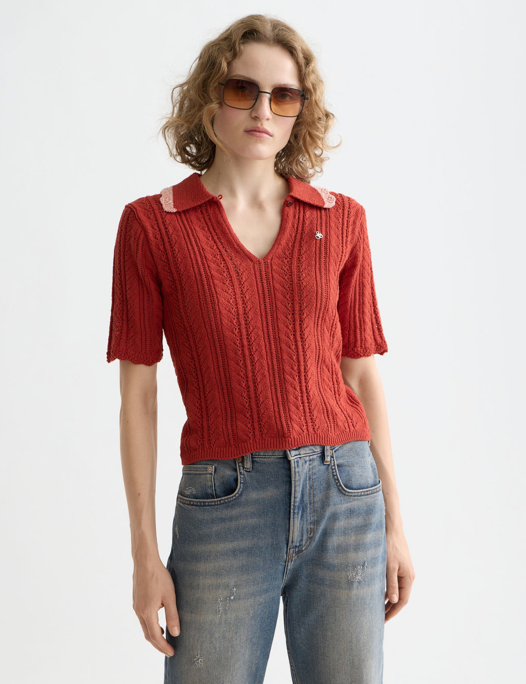 Pointelle collared knitted polo