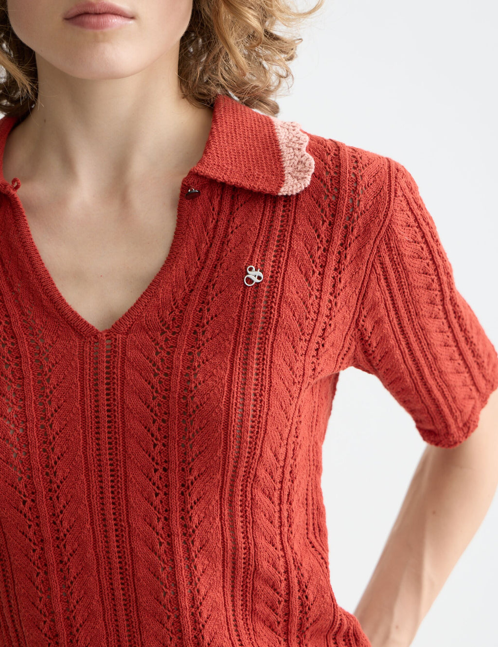 Pointelle collared knitted polo