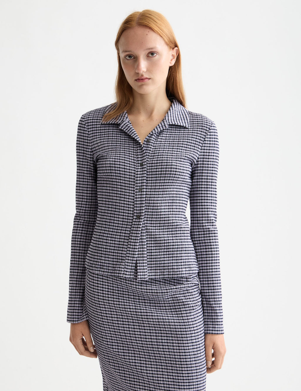 Structured gingham button up long sleeve T-shirt