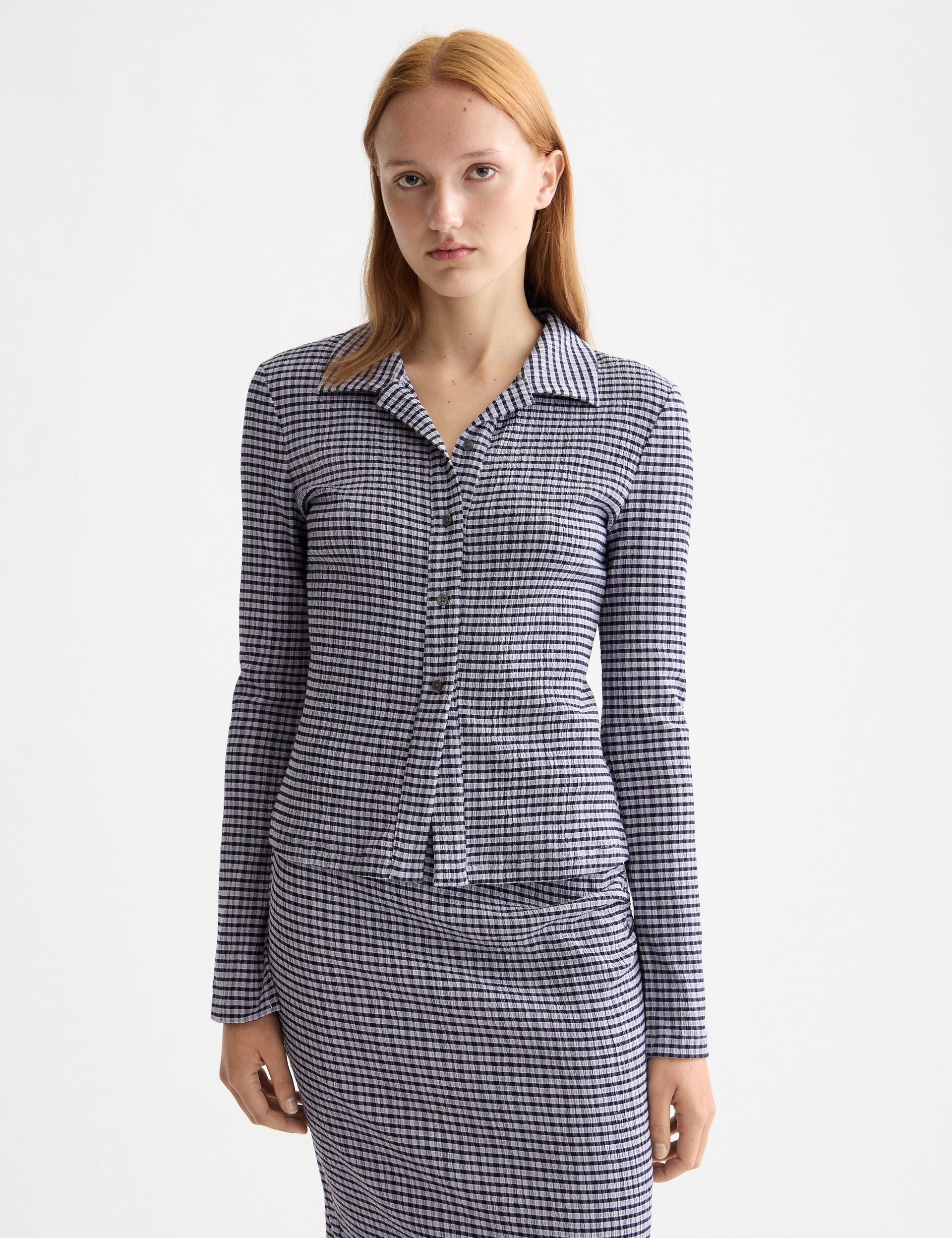 Structured gingham button up long sleeve T-shirt
