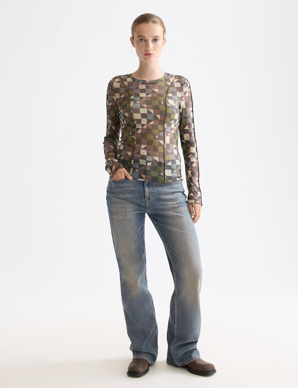 All over printed mesh long sleeve T-shirt