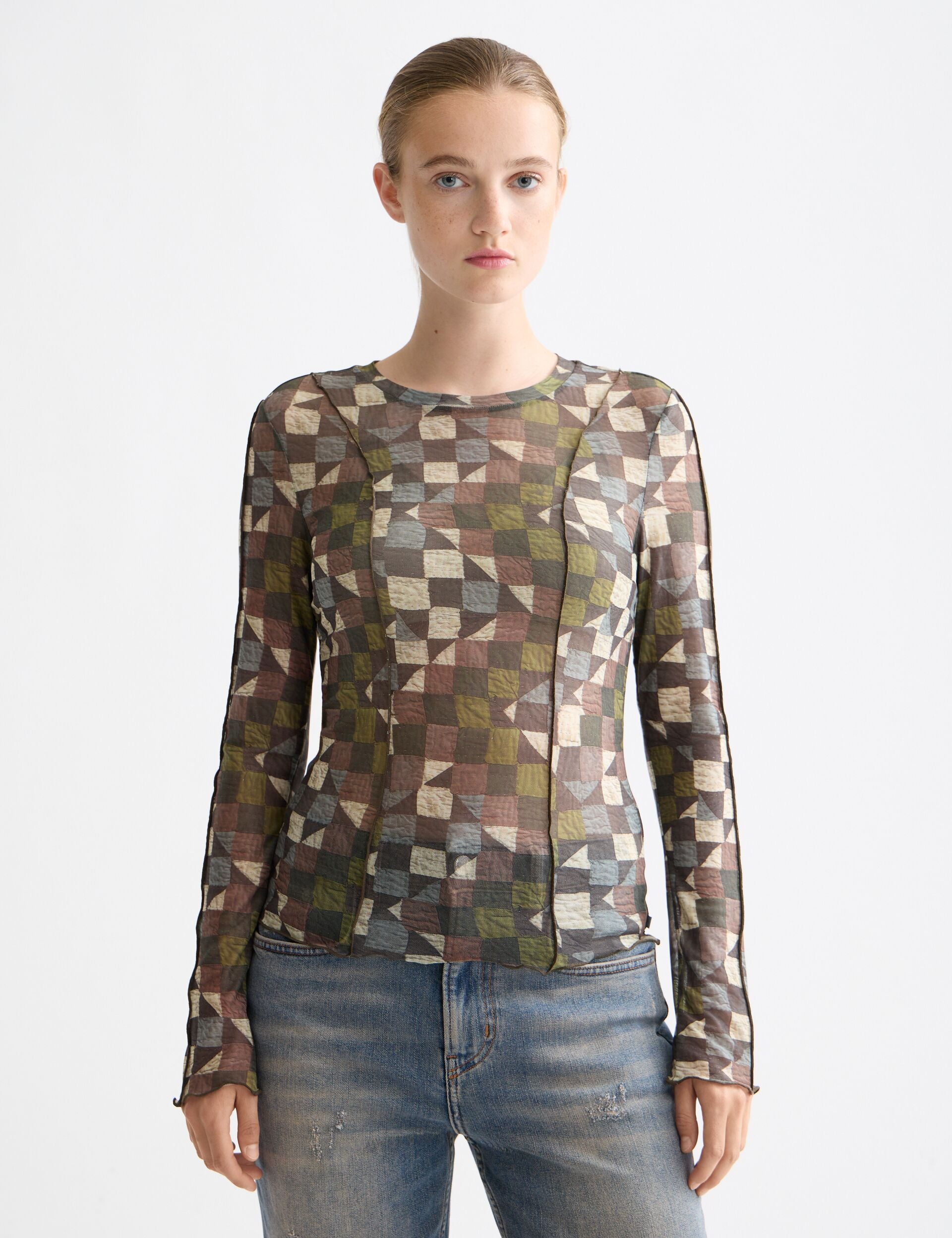 All over printed mesh long sleeve T-shirt