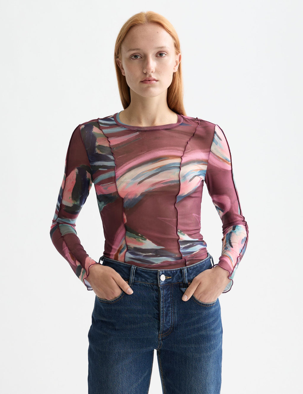 All over printed mesh long sleeve T-shirt