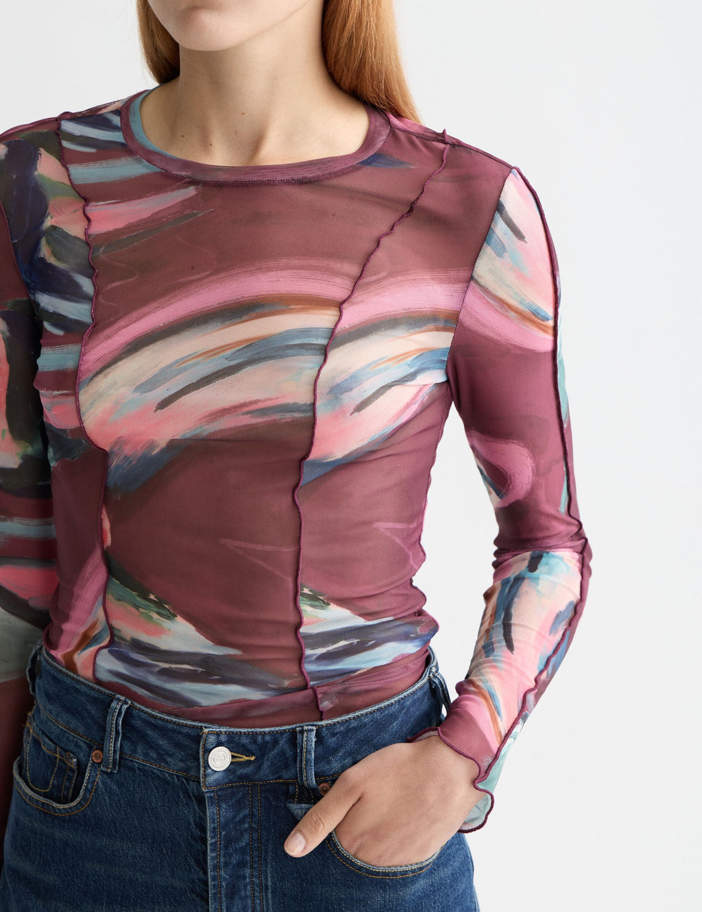 All over printed mesh long sleeve T-shirt