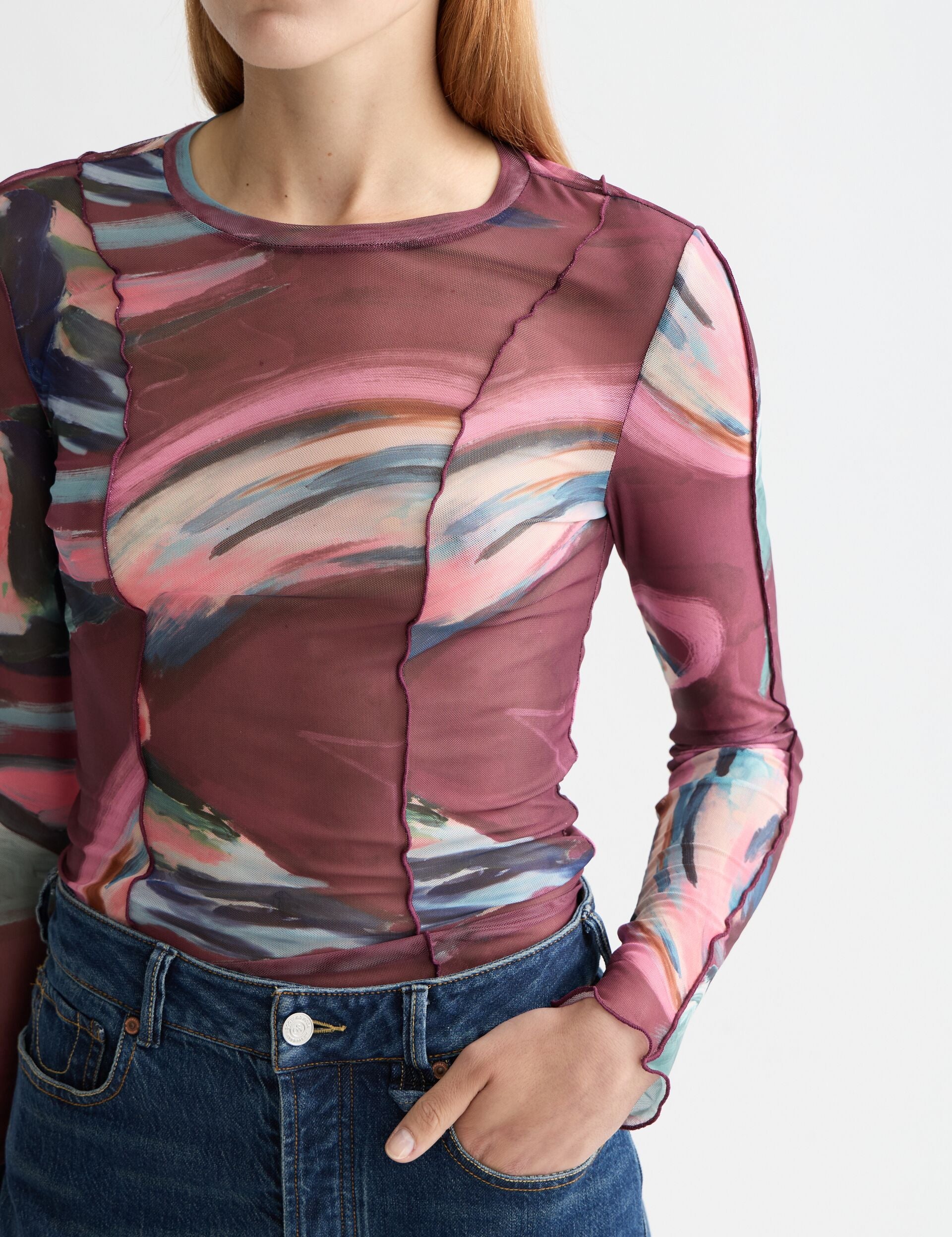 All over printed mesh long sleeve T-shirt