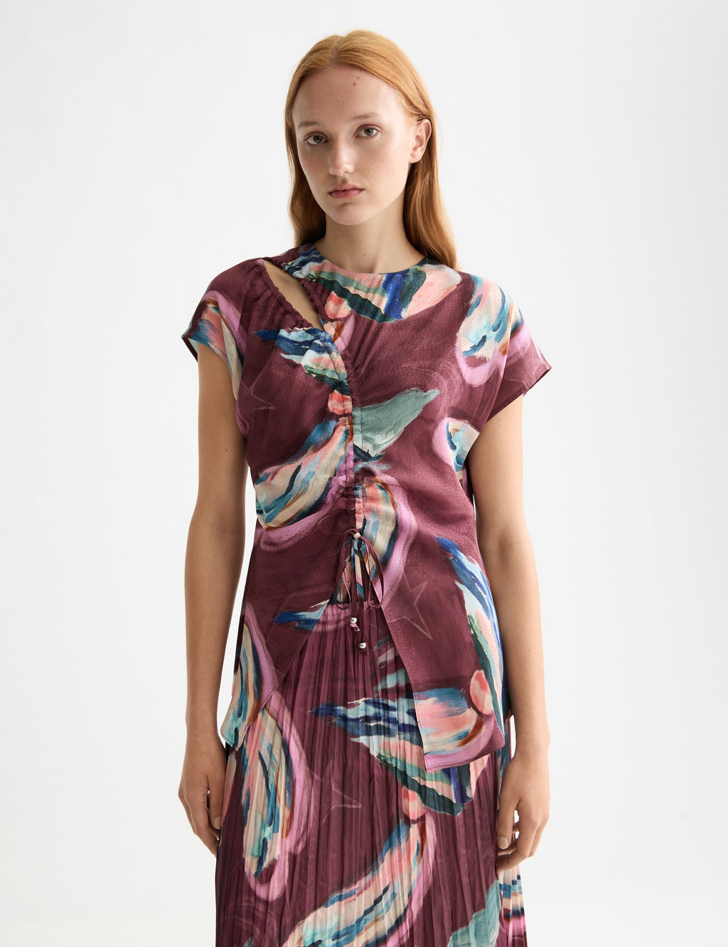 Draw string keyhole short sleeve top