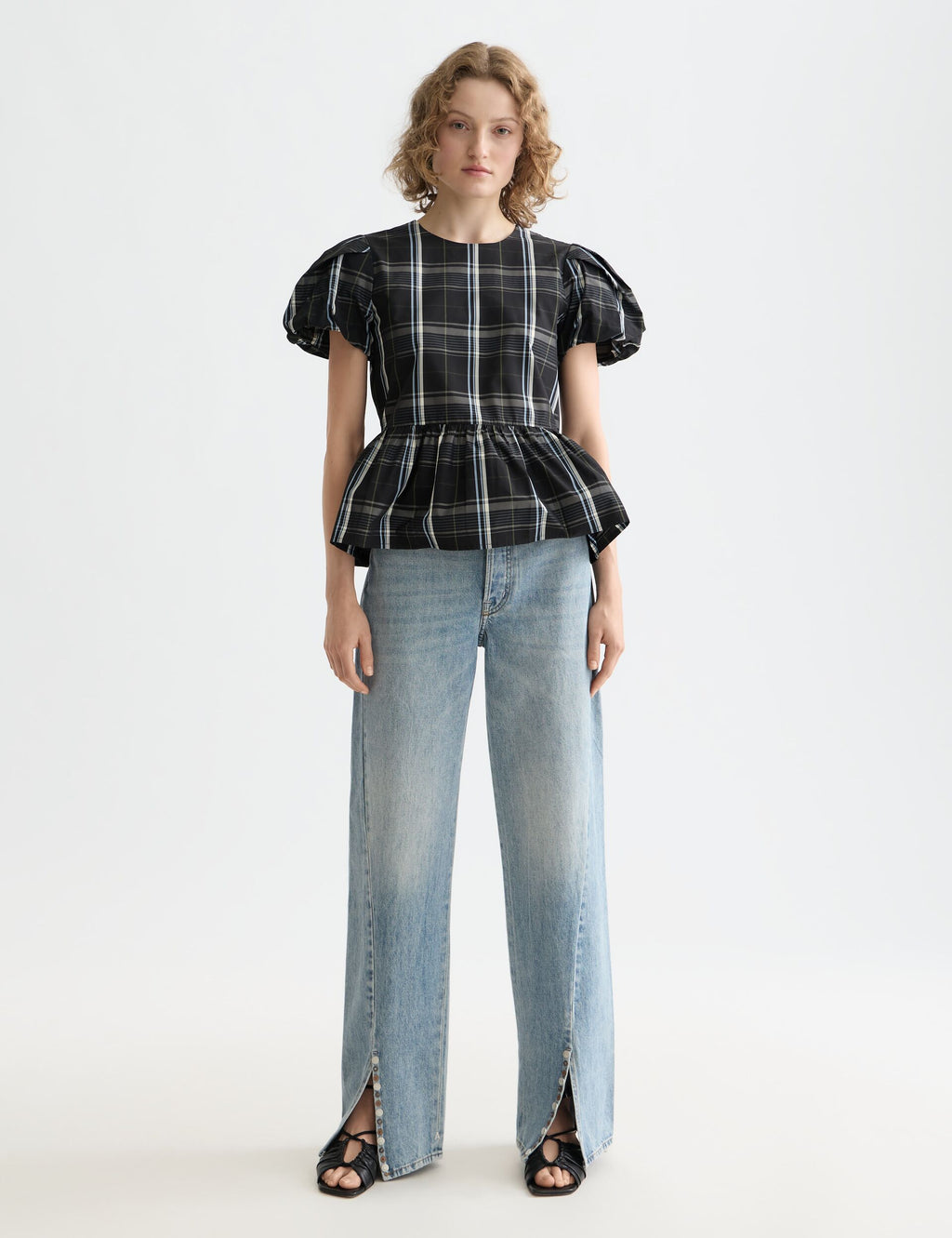 Cap sleeve taffeta top with peplum