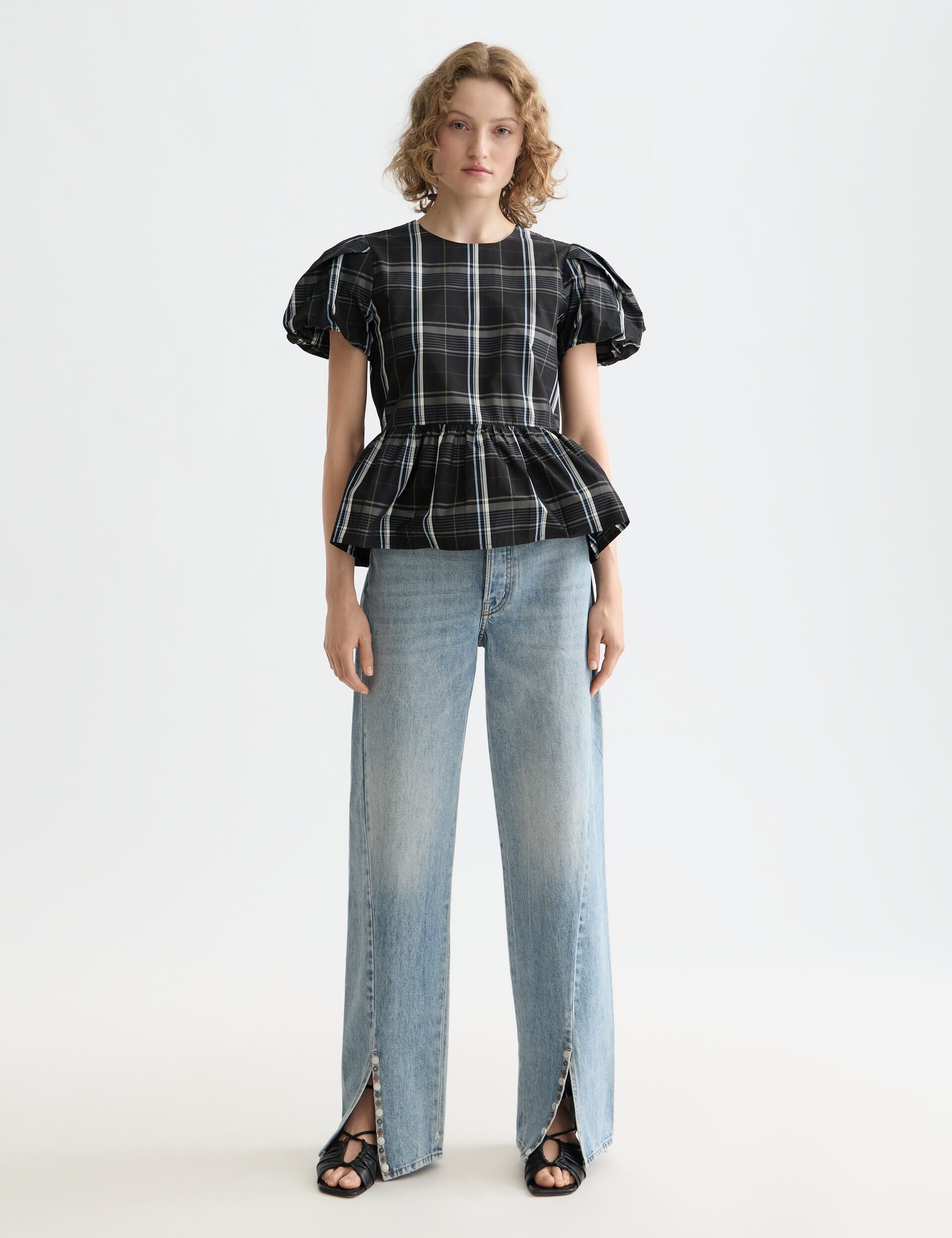 Cap sleeve taffeta top with peplum