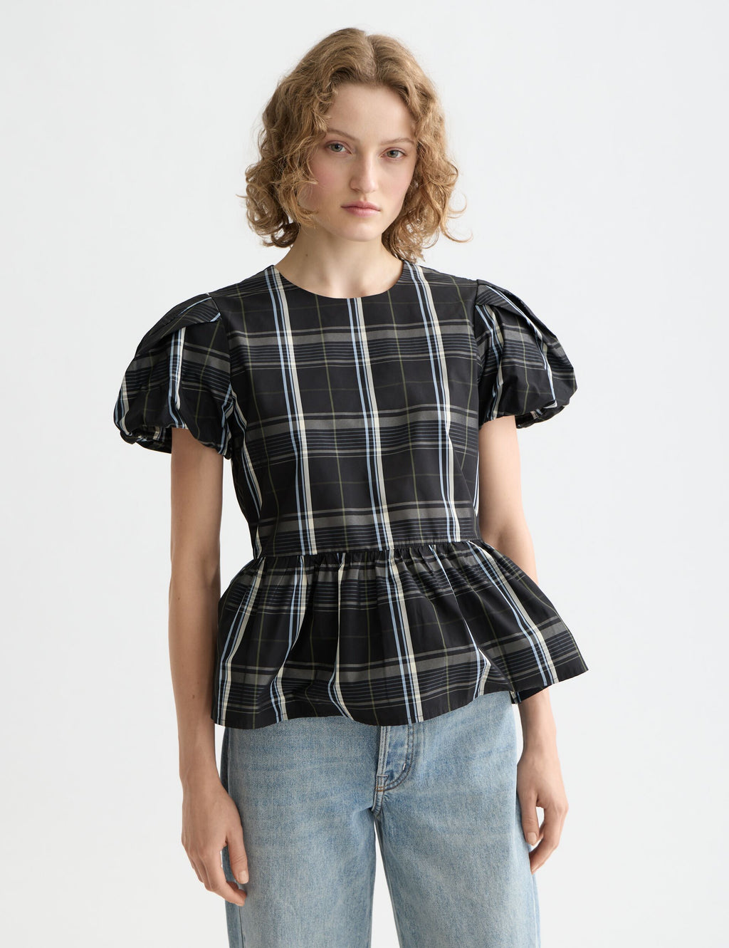 Cap sleeve taffeta top with peplum