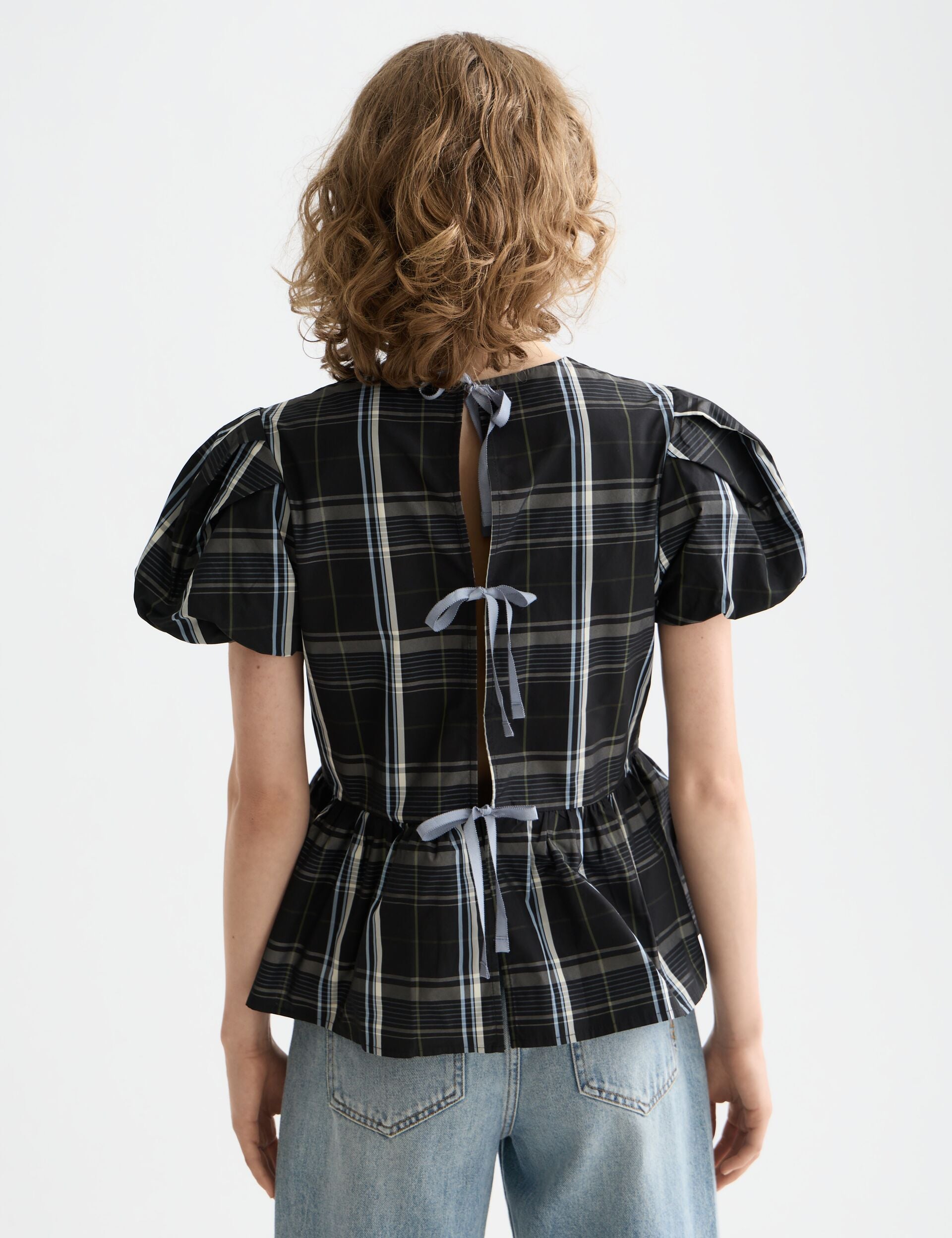 Cap sleeve taffeta top with peplum