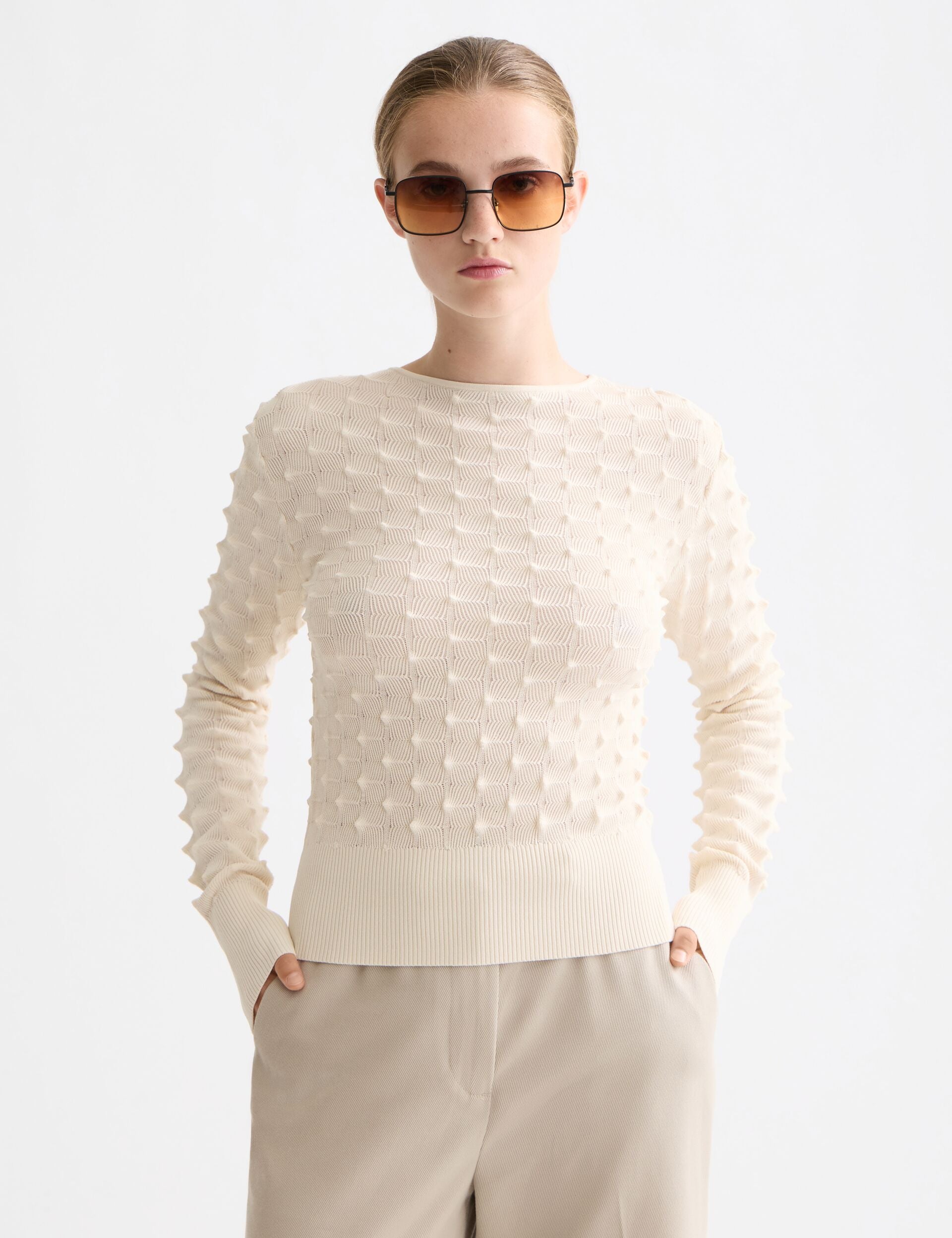 Slash neck textured stitch pullover