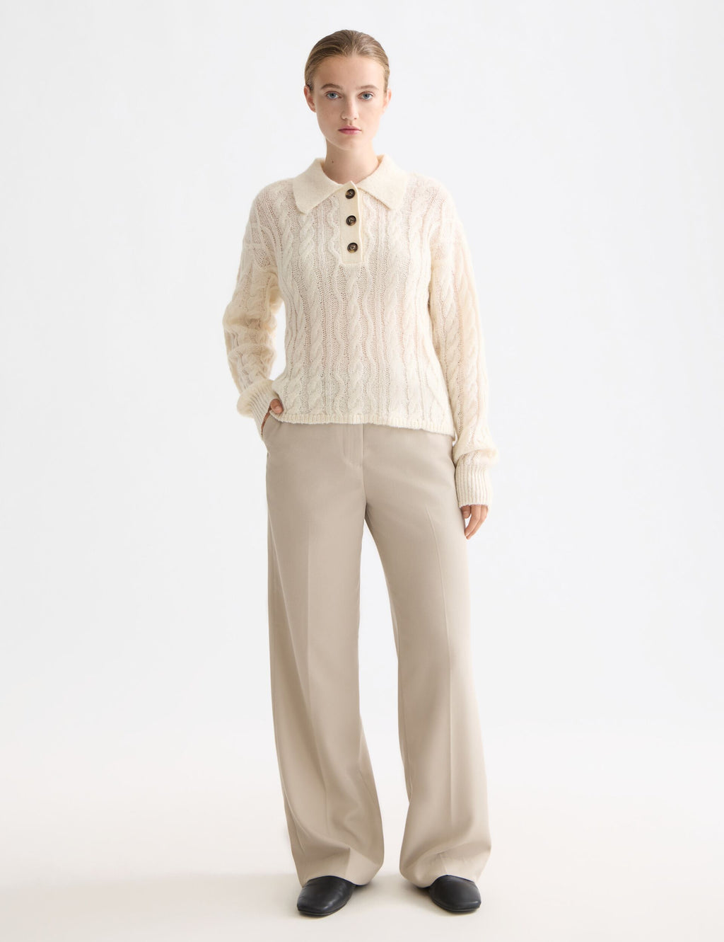 Cable stitch polo neck pullover