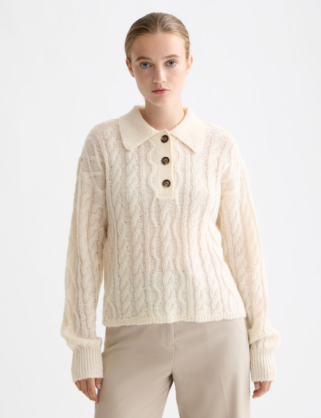 Cable stitch polo neck pullover