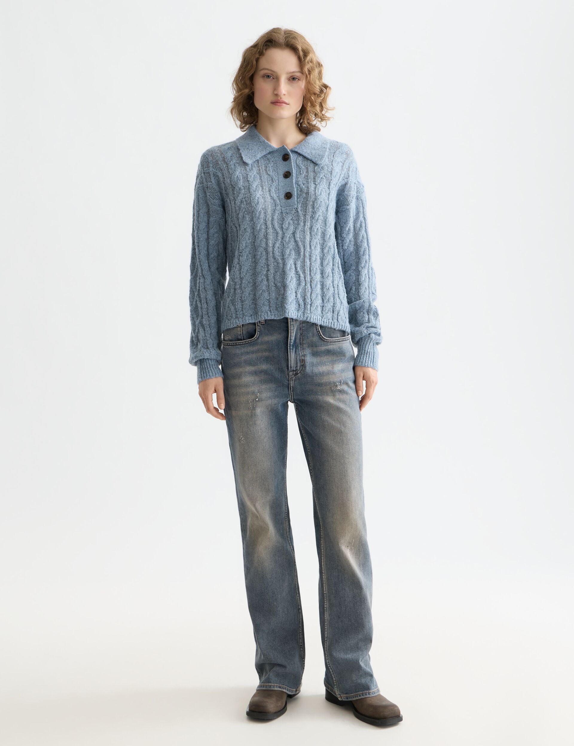 Cable stitch polo neck pullover