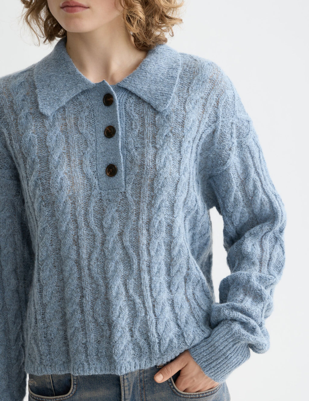 Cable stitch polo neck pullover