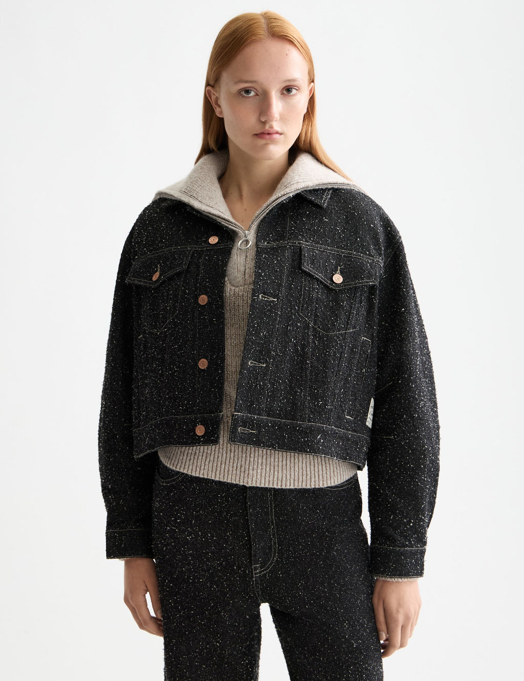 Black denim textured oversized jacket — Black Snow