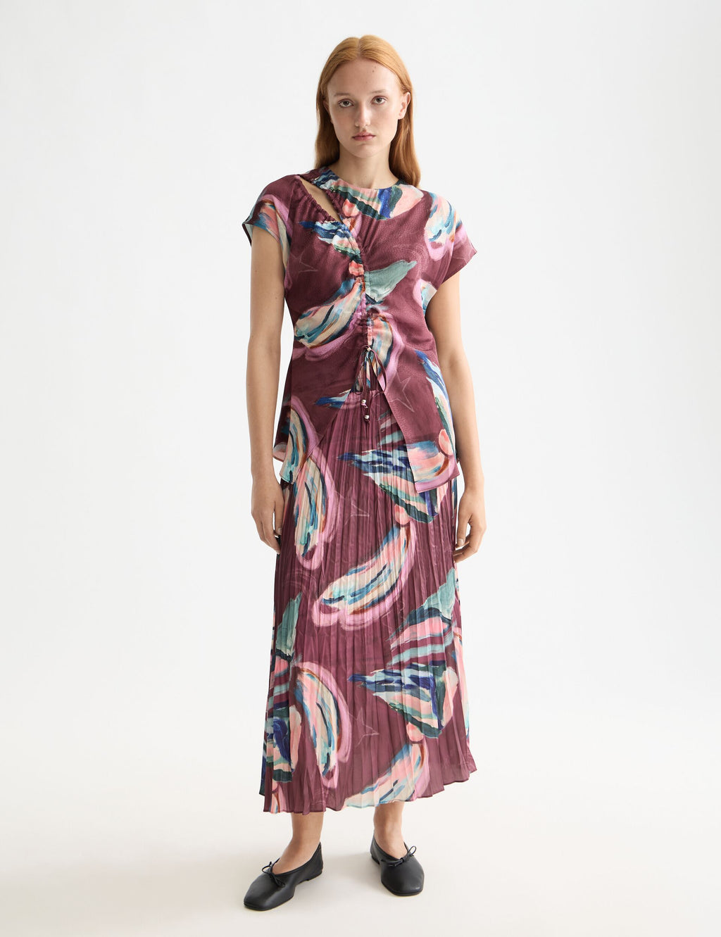 Crinkle pleat midi skirt