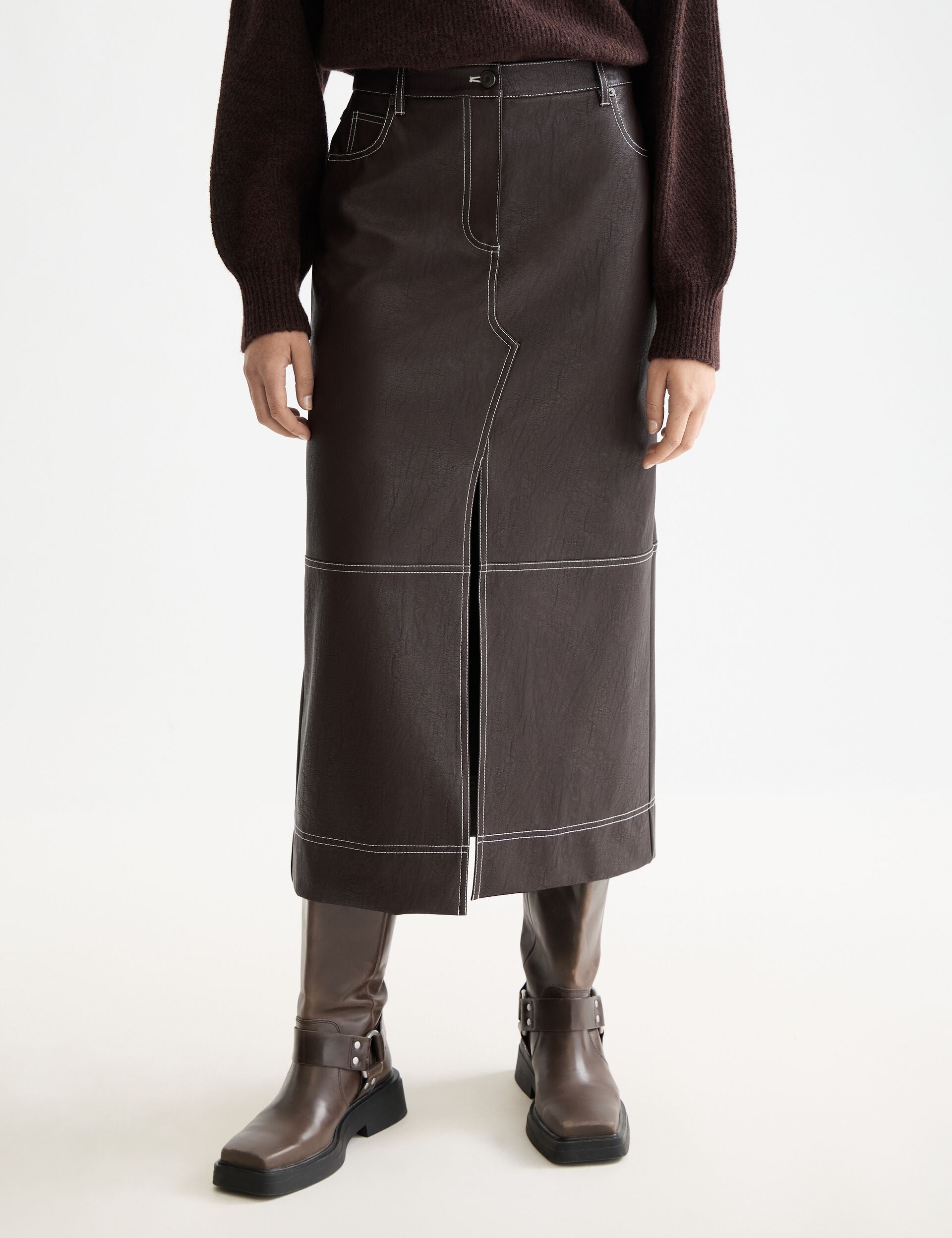 Faux Leather midi skirt with front slit