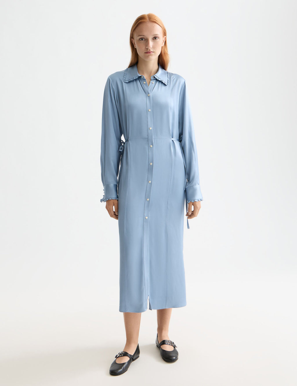 Midi shirt dress with tied waist and ruffles