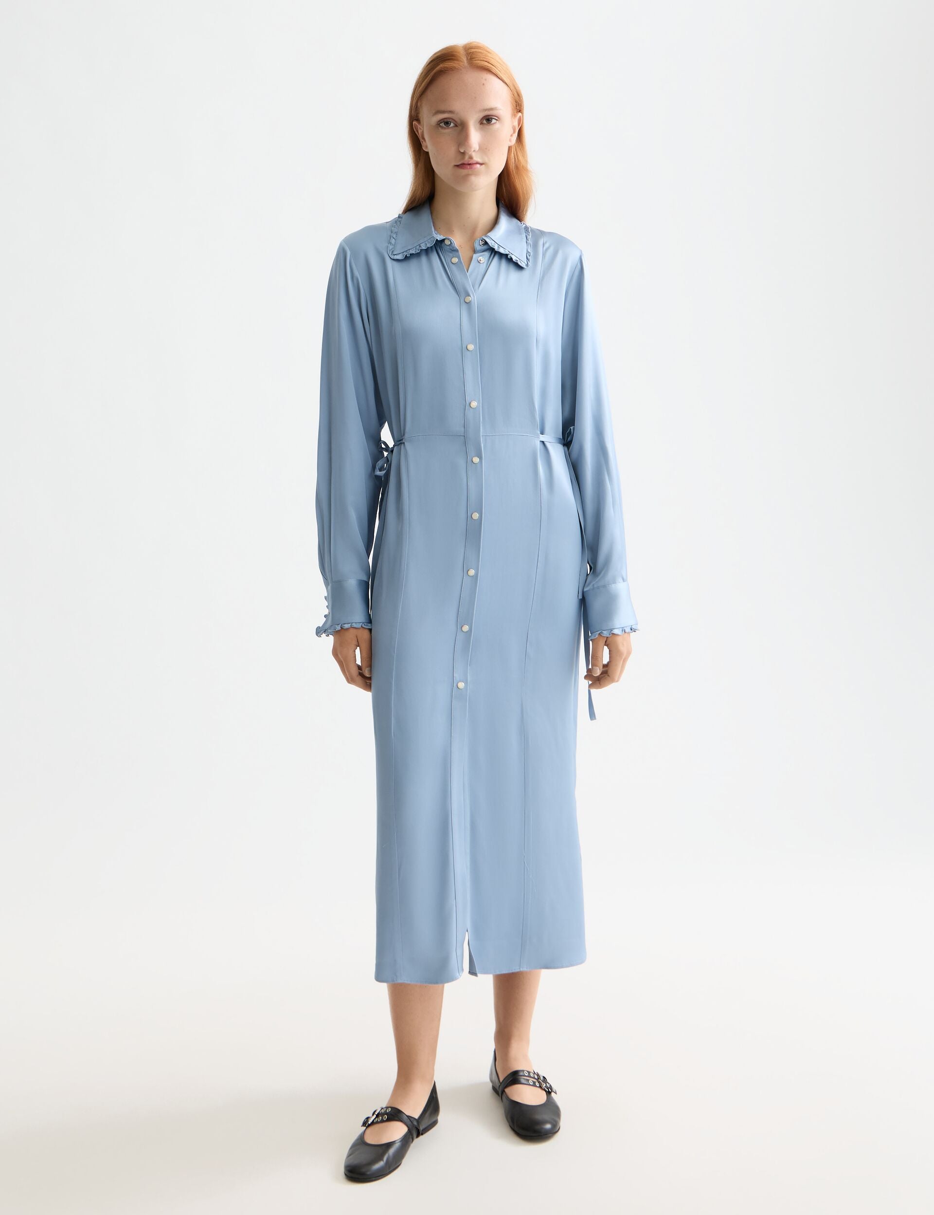 Midi shirt dress with tied waist and ruffles