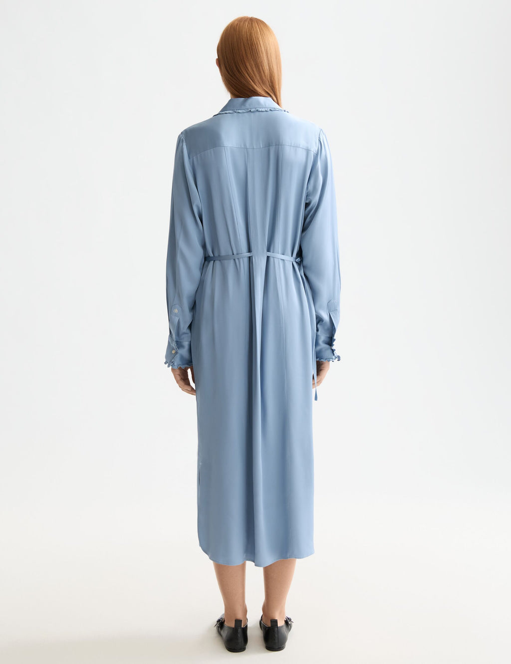 Midi shirt dress with tied waist and ruffles