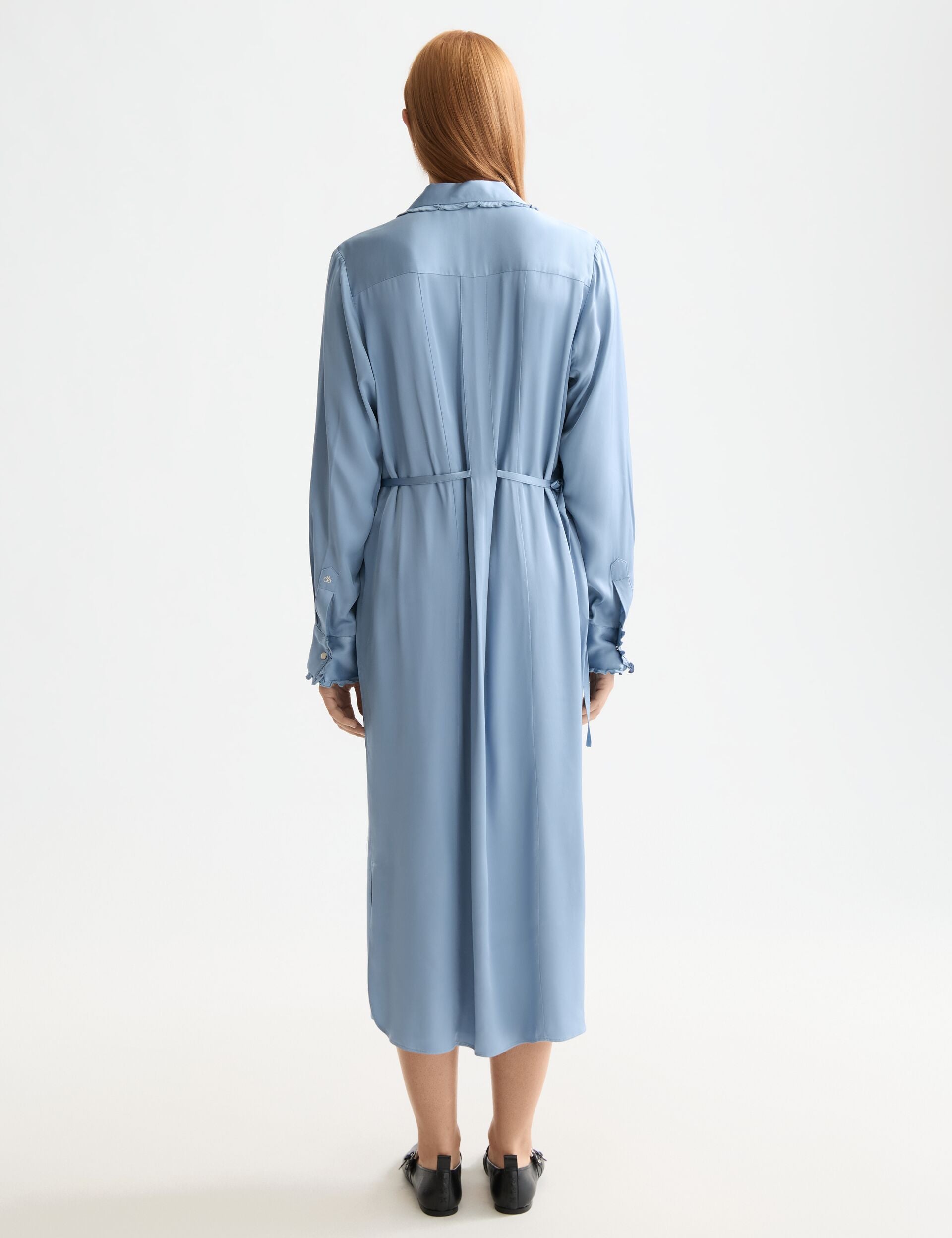 Midi shirt dress with tied waist and ruffles