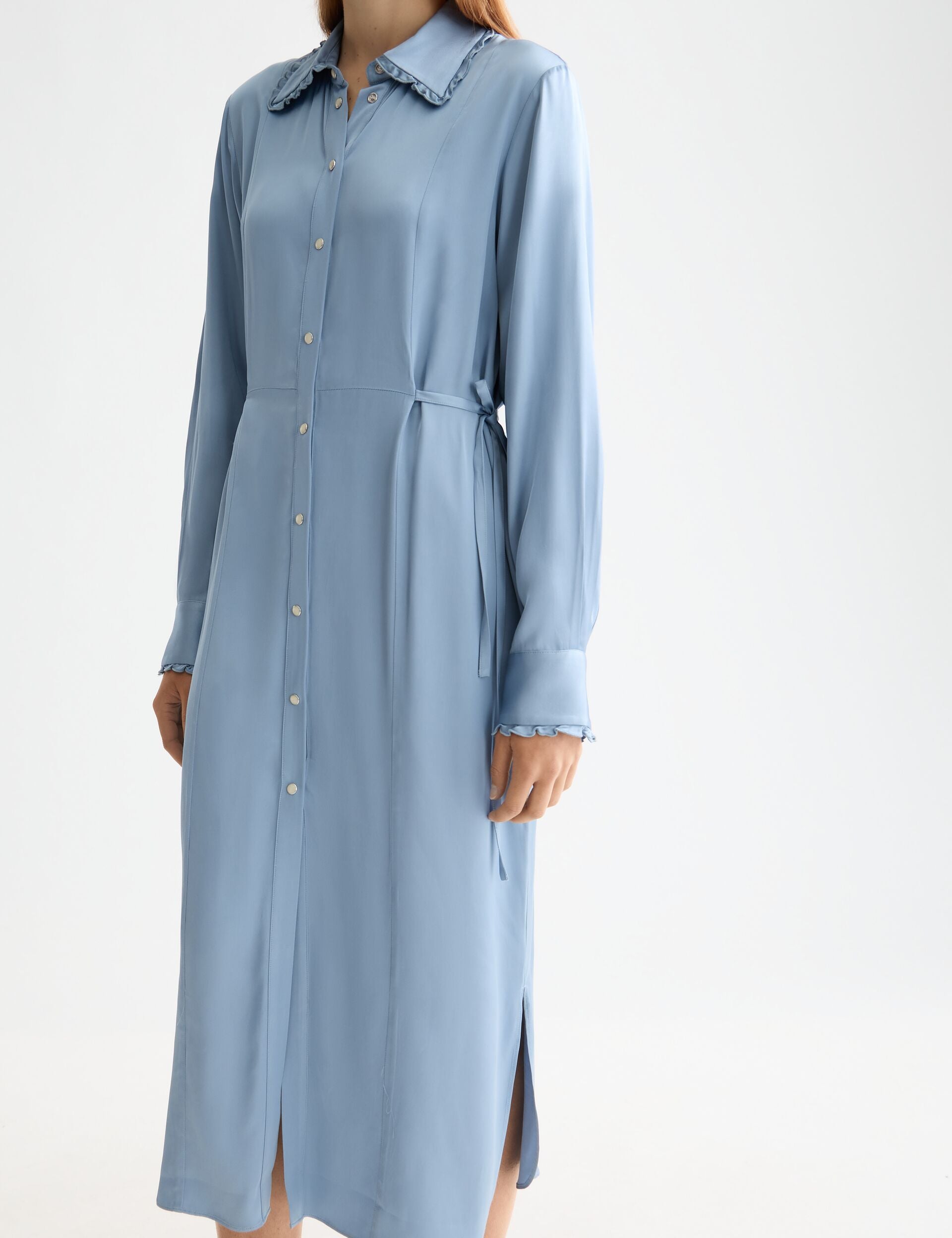 Midi shirt dress with tied waist and ruffles